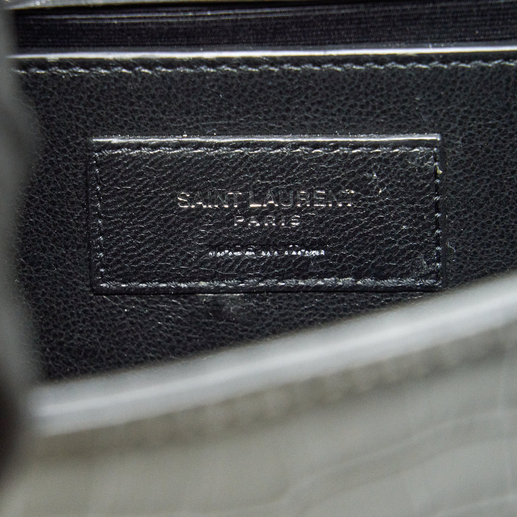 SAINT LAURENT KATE TASSEL CROC EMBOSSED CALFSKIN GREY SHW
