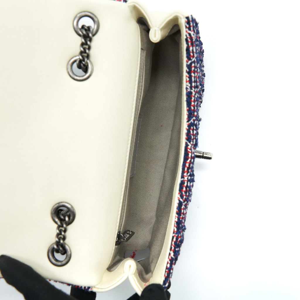 CHANEL SEASONAL MINI FLAP BAG TWEED BLUE/ MULTICOLOUR RUTHENIUM HARDWARE