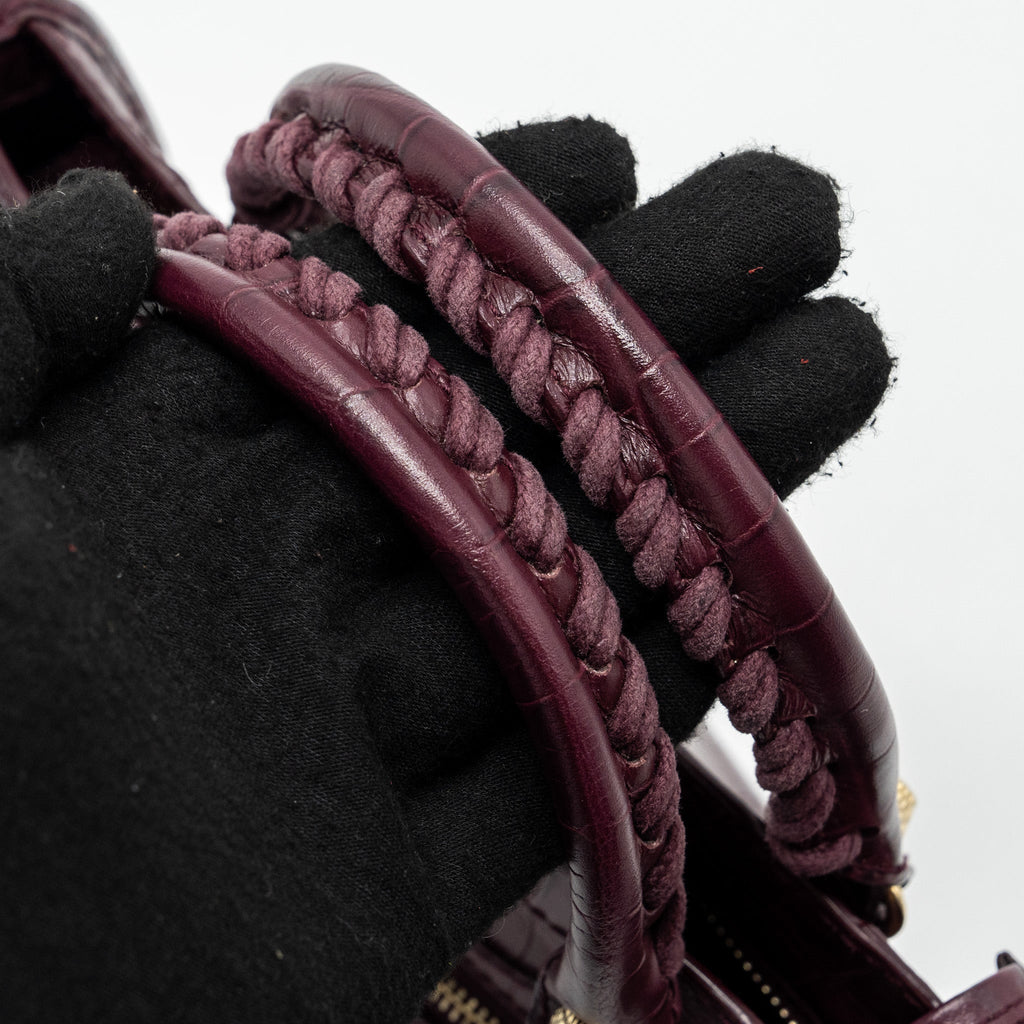 BALENCIAGA MINI CITY BAG CROC EMBOSSED CALFSKIN BURGUNDY GHW