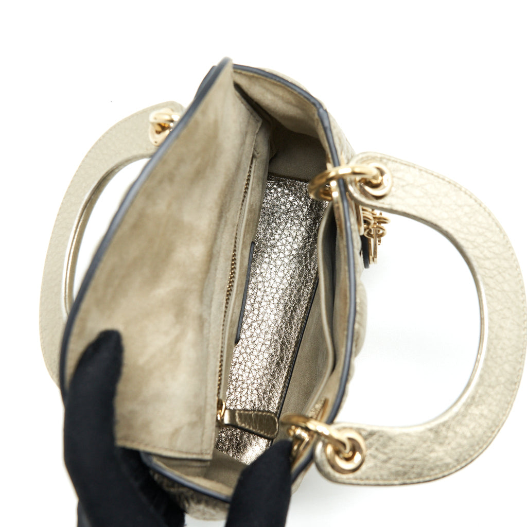 DIOR MINI LADY DIOR SUPPLE GRAINED CALFSKIN METALLIC GOLD LGHW