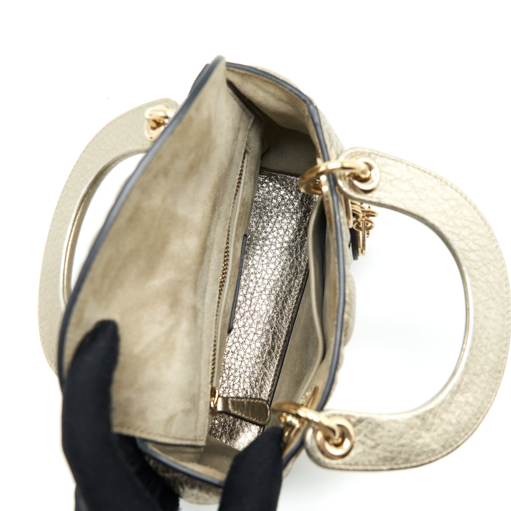 DIOR MINI LADY DIOR SUPPLE GRAINED CALFSKIN METALLIC GOLD LGHW