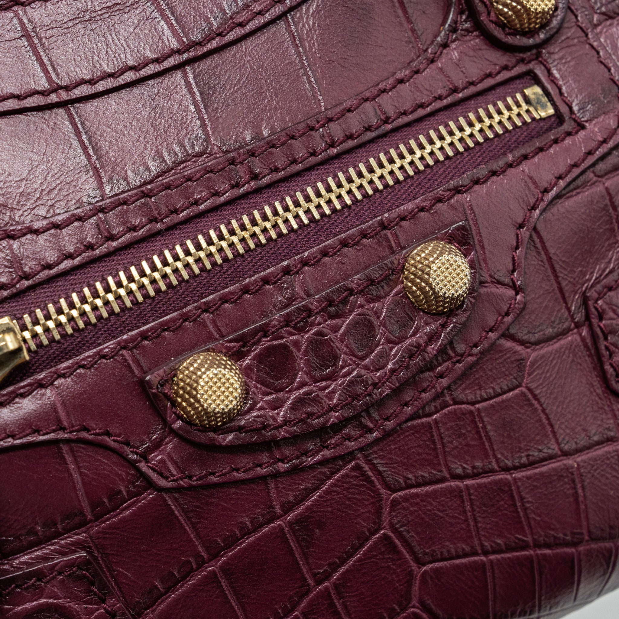 BALENCIAGA MINI CITY BAG CROC EMBOSSED CALFSKIN BURGUNDY GHW