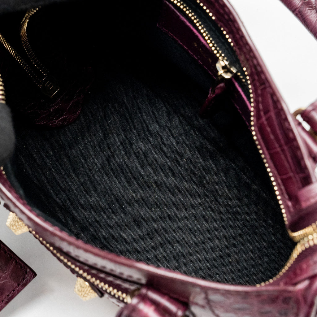 BALENCIAGA MINI CITY BAG CROC EMBOSSED CALFSKIN BURGUNDY GHW