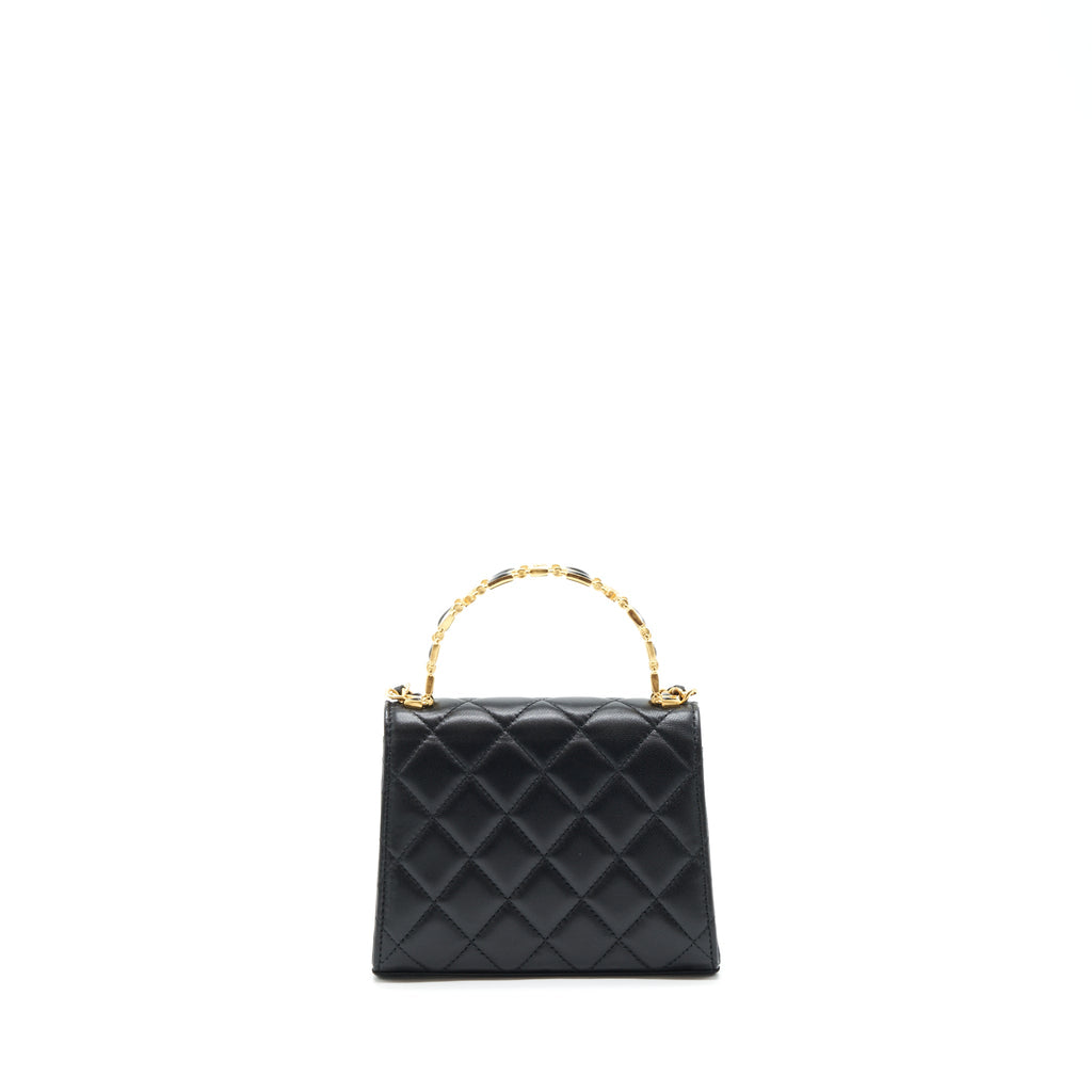 CHANEL 22B FLAP BAG WITH ENAMEL/CC LOGO TOP HANDLE LAMBSKIN BLACK BRUSHED GHW