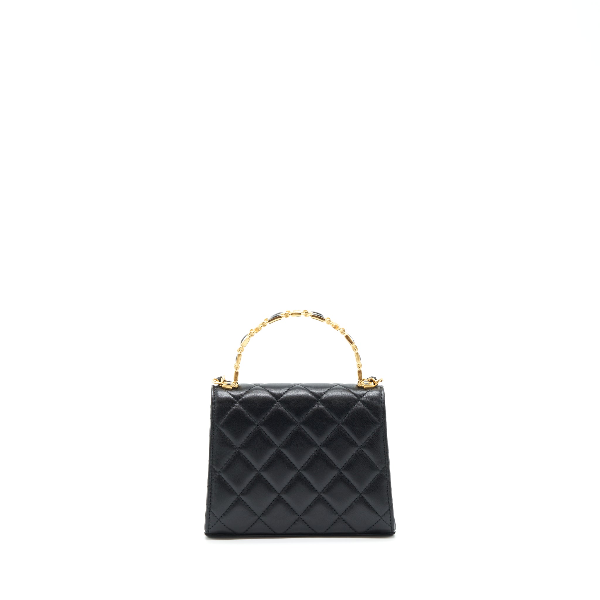 CHANEL 22B FLAP BAG WITH ENAMEL/CC LOGO TOP HANDLE LAMBSKIN BLACK BRUSHED GHW