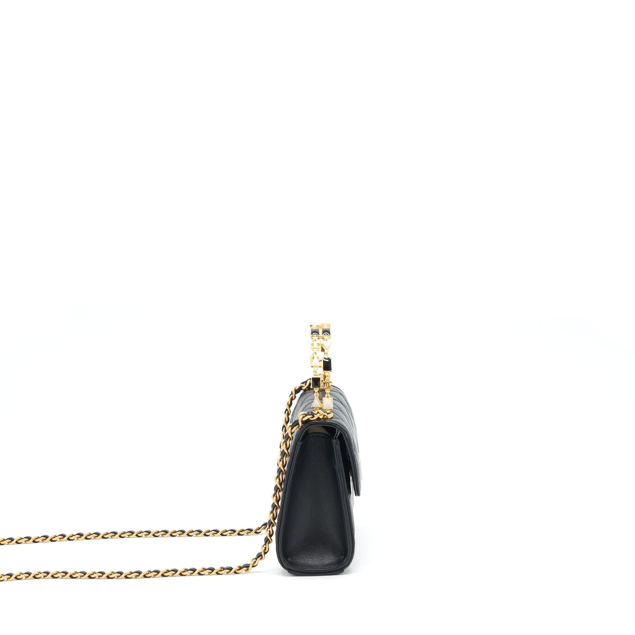 CHANEL 22B FLAP BAG WITH ENAMEL/CC LOGO TOP HANDLE LAMBSKIN BLACK BRUSHED GHW