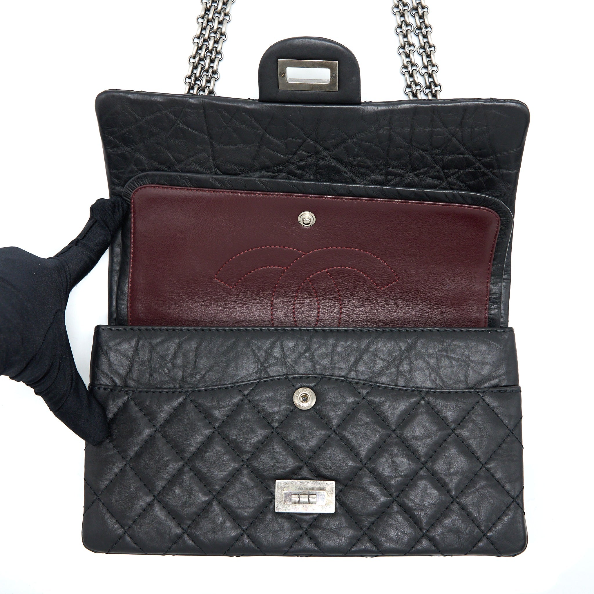 CHANEL SMALL 2.55 255 DOUBLE FLAP BAG CALFSKIN BLACK RUTHENIUM SHW