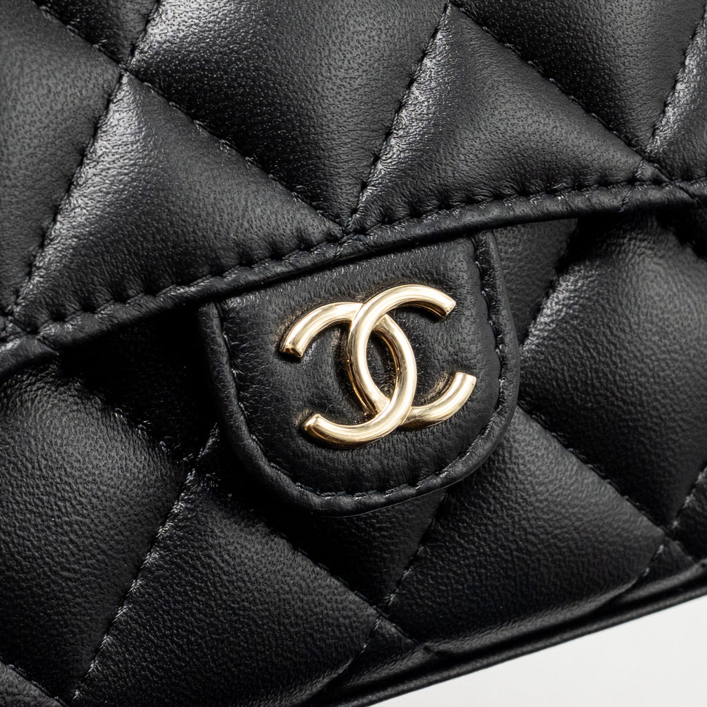 CHANEL DETAILED TOP HANDLE MINI CLUTCH WITH CHAIN LAMBSKIN BLACK LGHW (MICROCHIP)