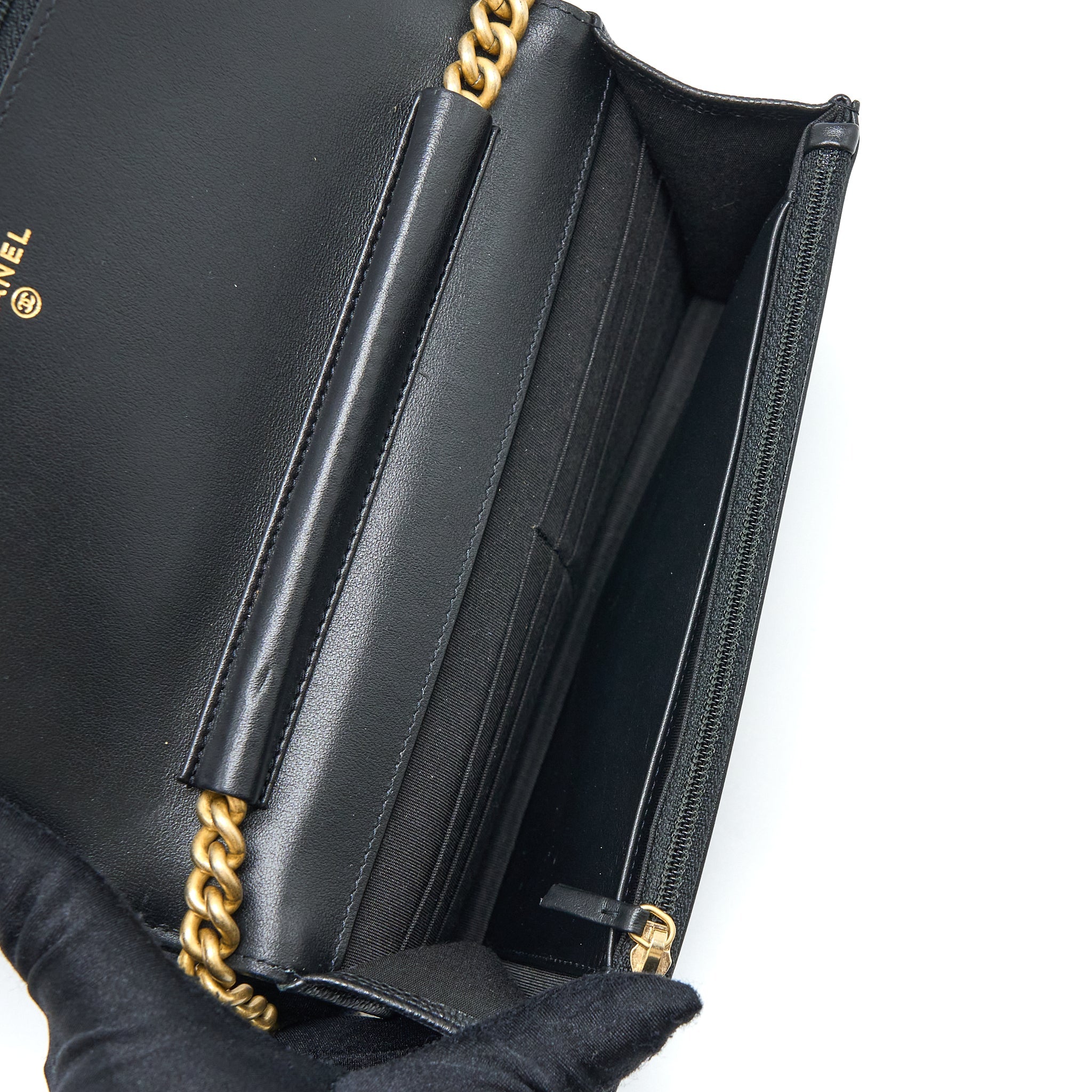 CHANEL BOY WALLET ON CHAIN CAVIAR BLACK GHW