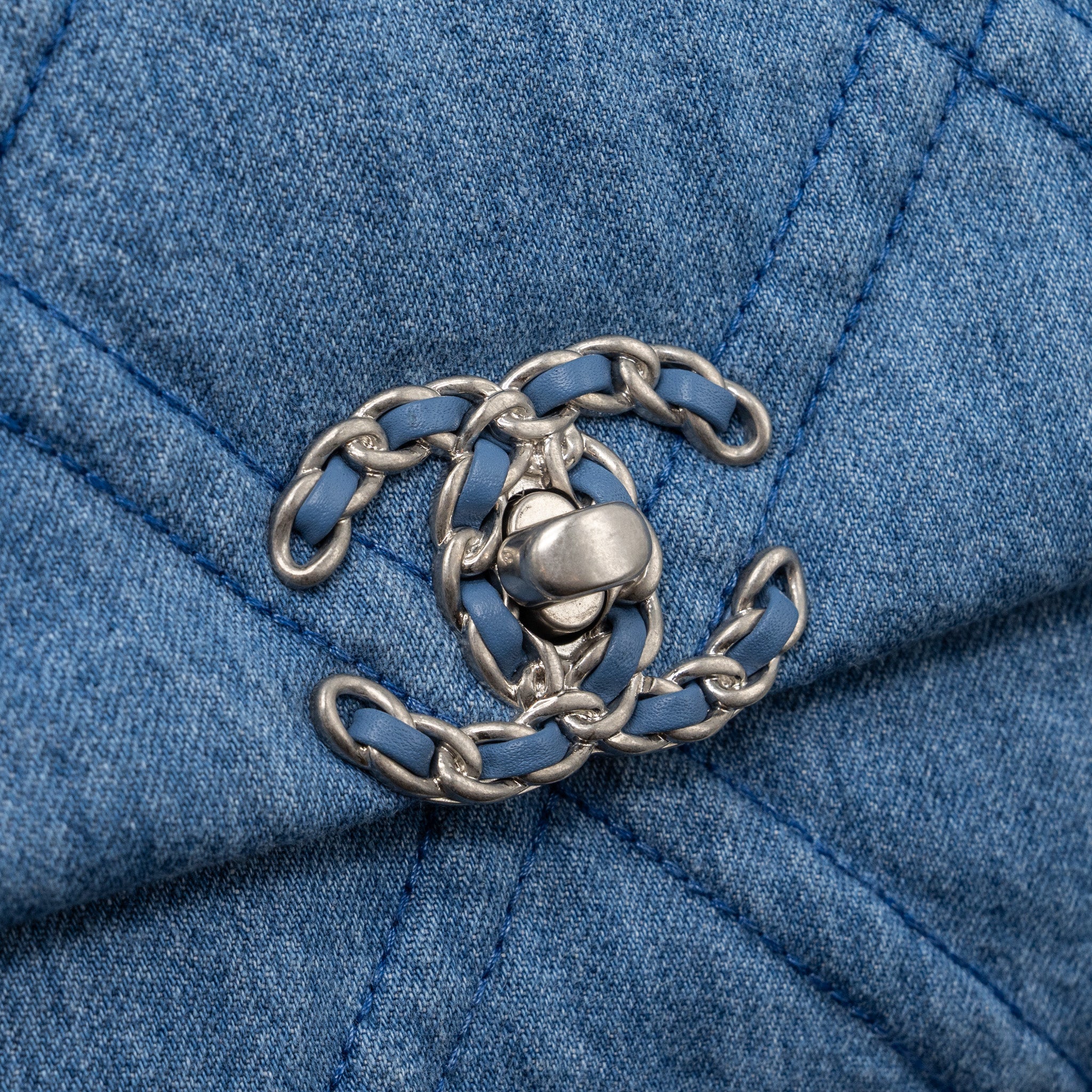 CHANEL SMALL 19 BAG BLUE DENIM MULTICOLOUR HARDWARE (MICROCHIP)