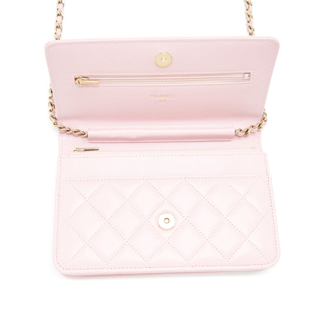 CHANEL 22B WALLET ON CHAIN WITH DETAIL CC LOGO CAVIAR LIGHT PINK NJ523 LGHW(MICROCHIP)