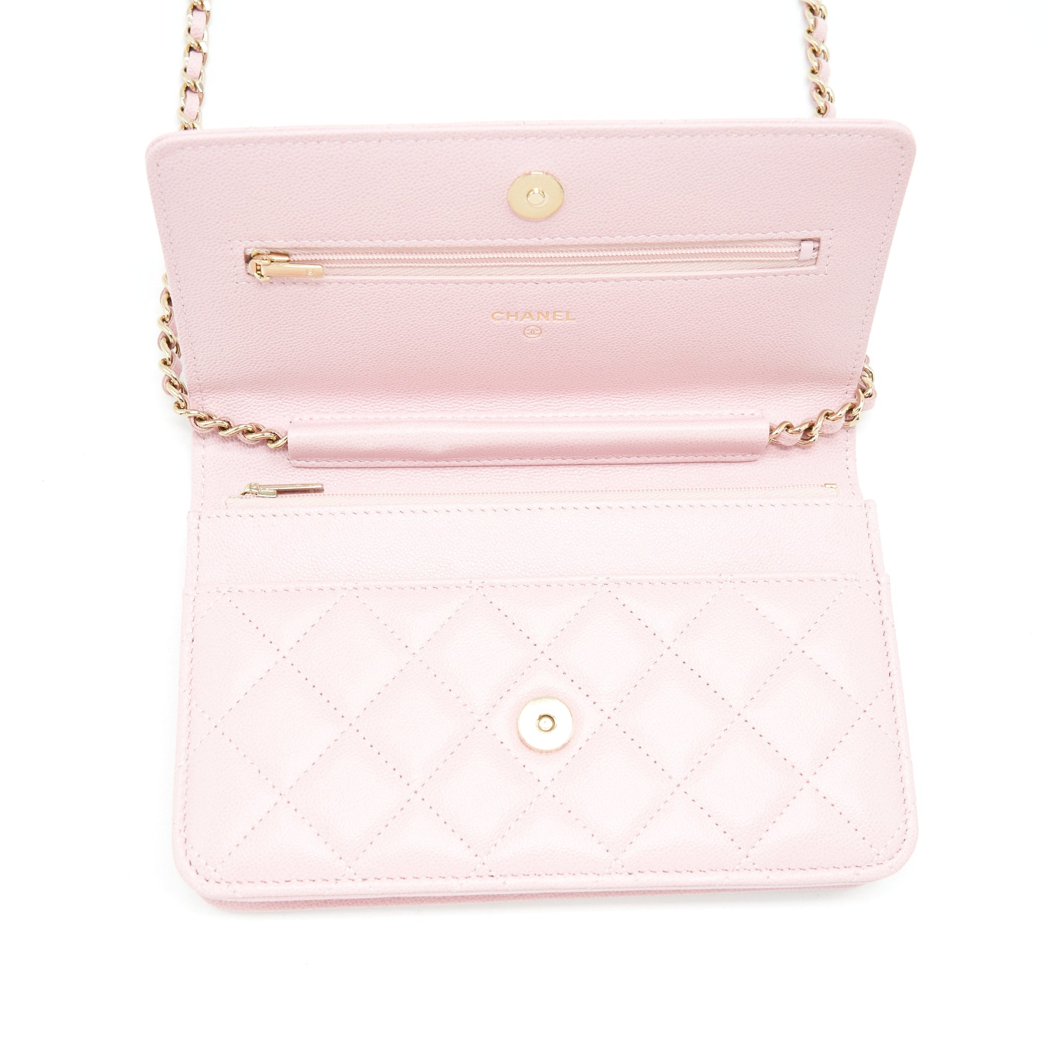 CHANEL 22B WALLET ON CHAIN WITH DETAIL CC LOGO CAVIAR LIGHT PINK NJ523 LGHW(MICROCHIP)
