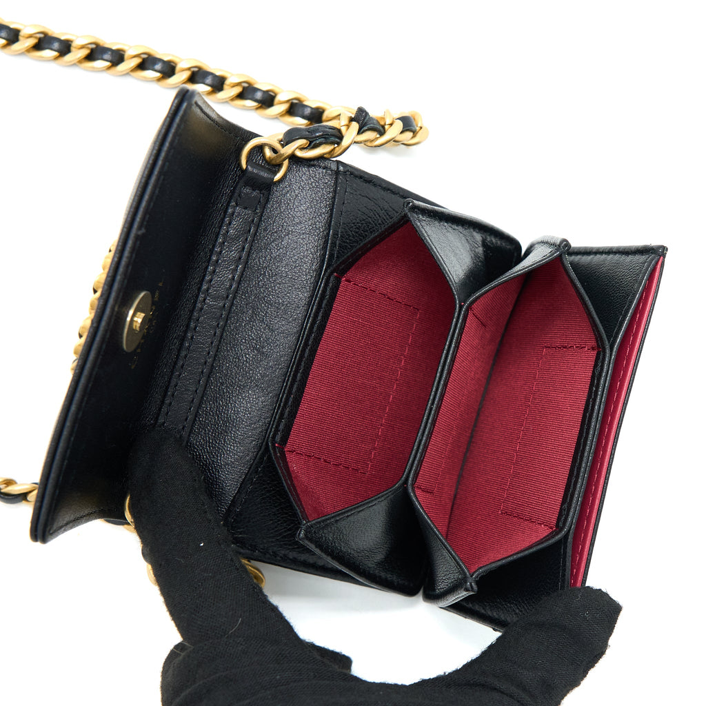CHANEL 19 FLAP CARD HOLDER WITH CHAIN LAMBSKIN BLACK MULTICOLOUR HARDWARE