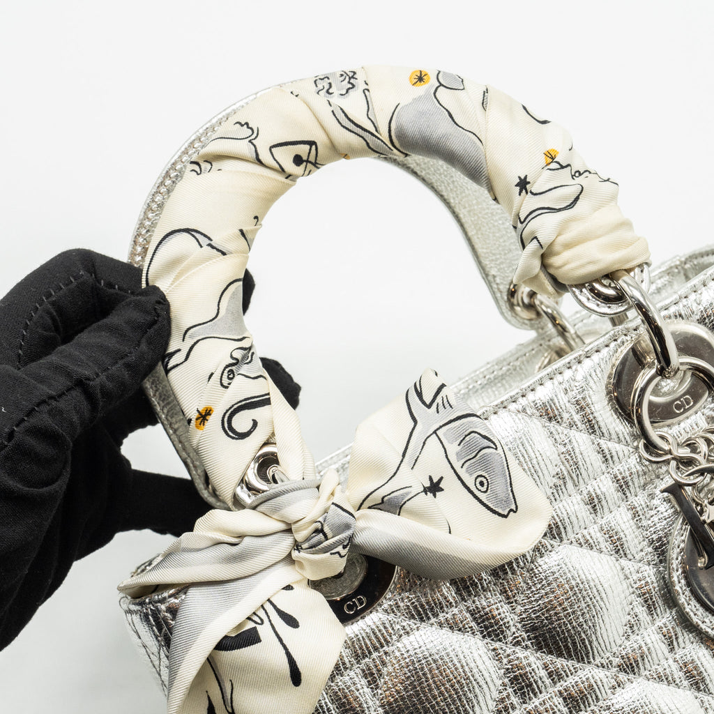 DIOR SMALL MY ABC LADY DIOR CANNAGE CALFSKIN METALLIC SILVER SHW
