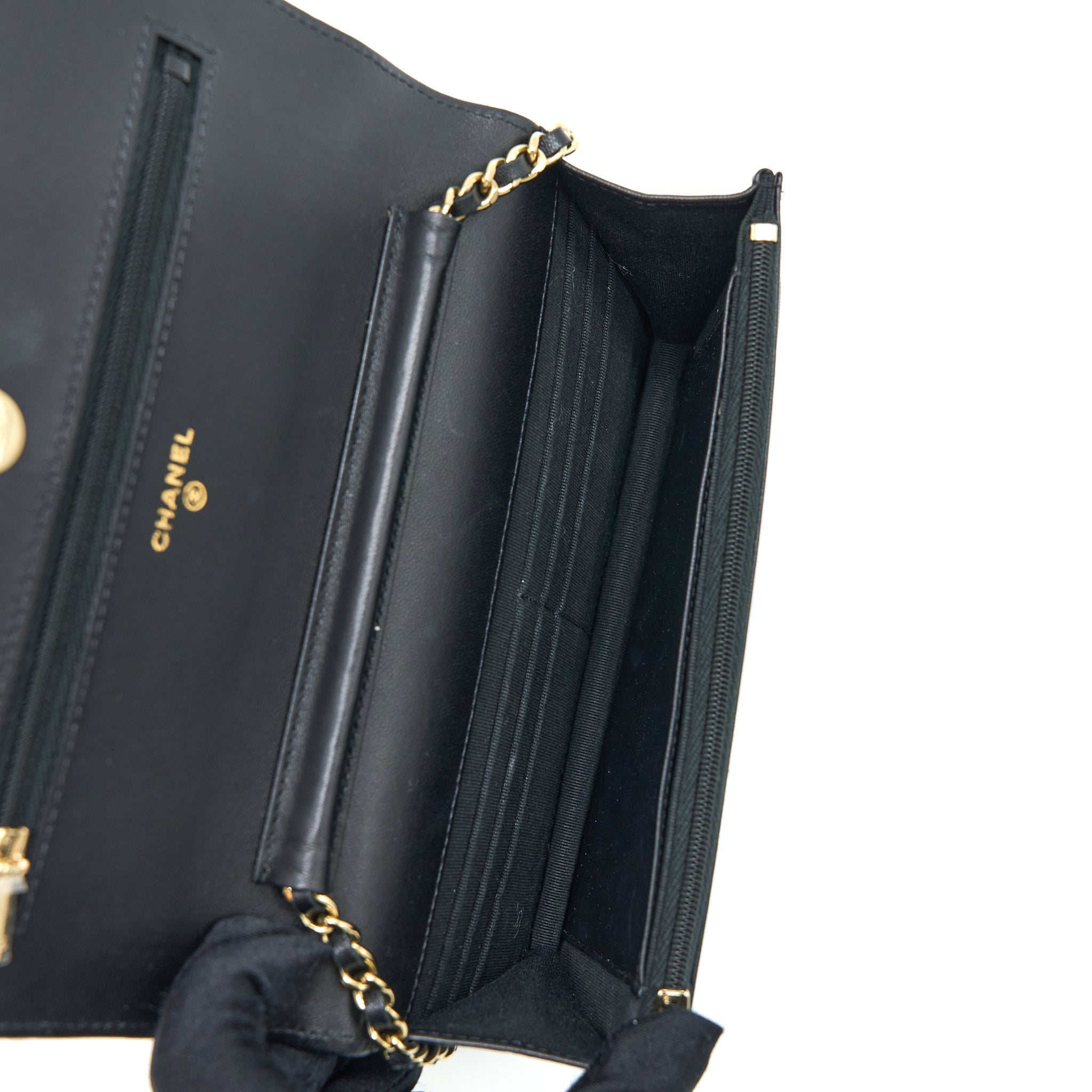 CHANEL RIBBON WALLET ON CHAIN LAMBSKIN BLACK LGHW (MICROCHIP)