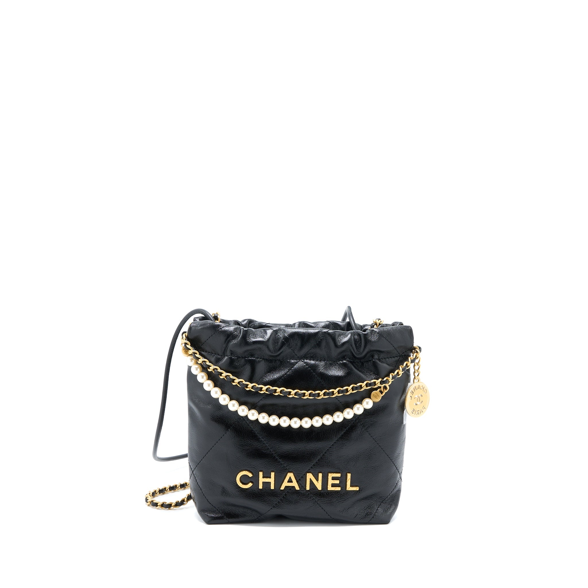 CHANEL 23S MINI 22 BAG WITH PEARL SHINY CALFSKIN BLACK GHW (MICROCHIP)