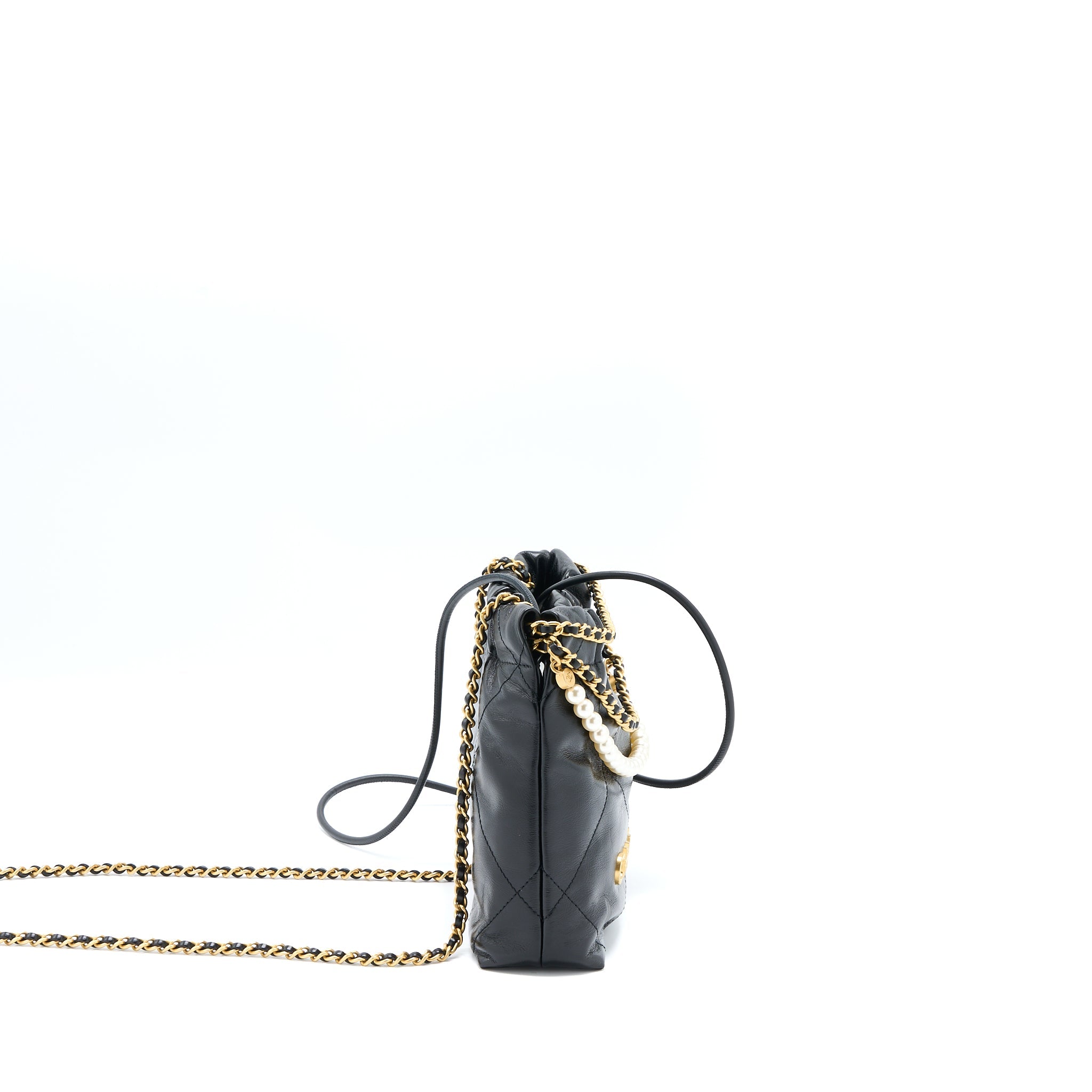 CHANEL 23S MINI 22 BAG WITH PEARL SHINY CALFSKIN BLACK GHW (MICROCHIP)