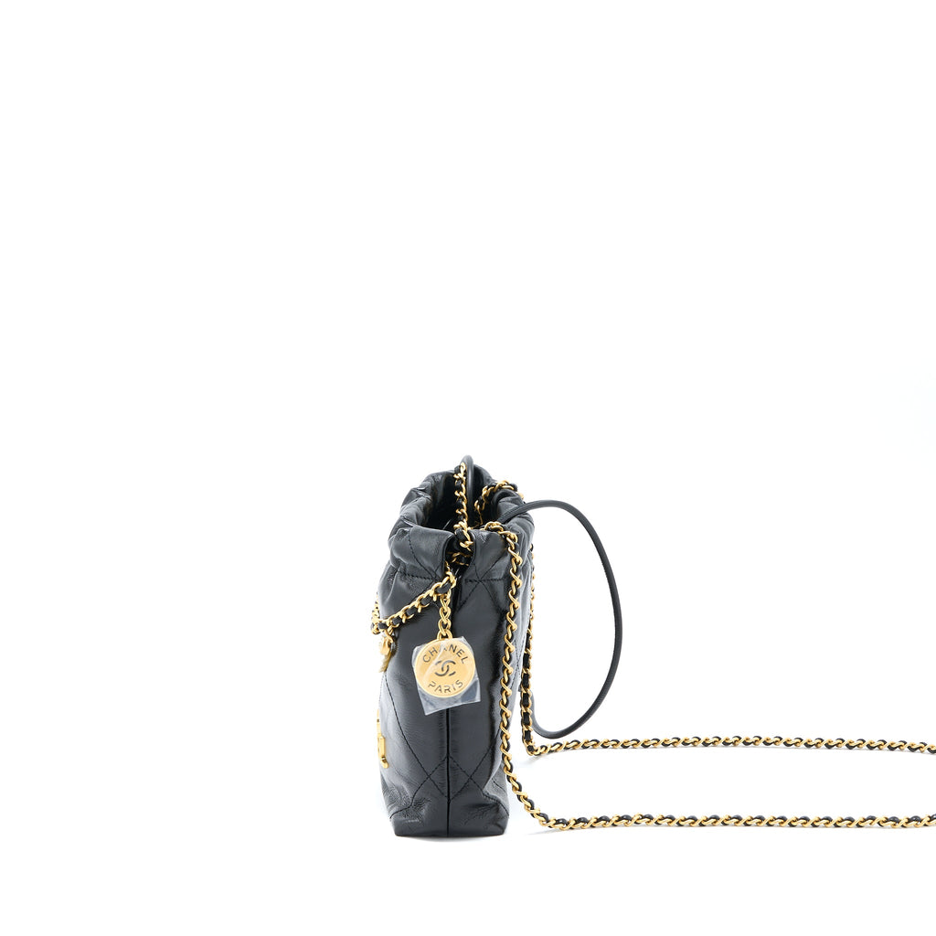 CHANEL 23S MINI 22 BAG WITH PEARL SHINY CALFSKIN BLACK GHW (MICROCHIP)