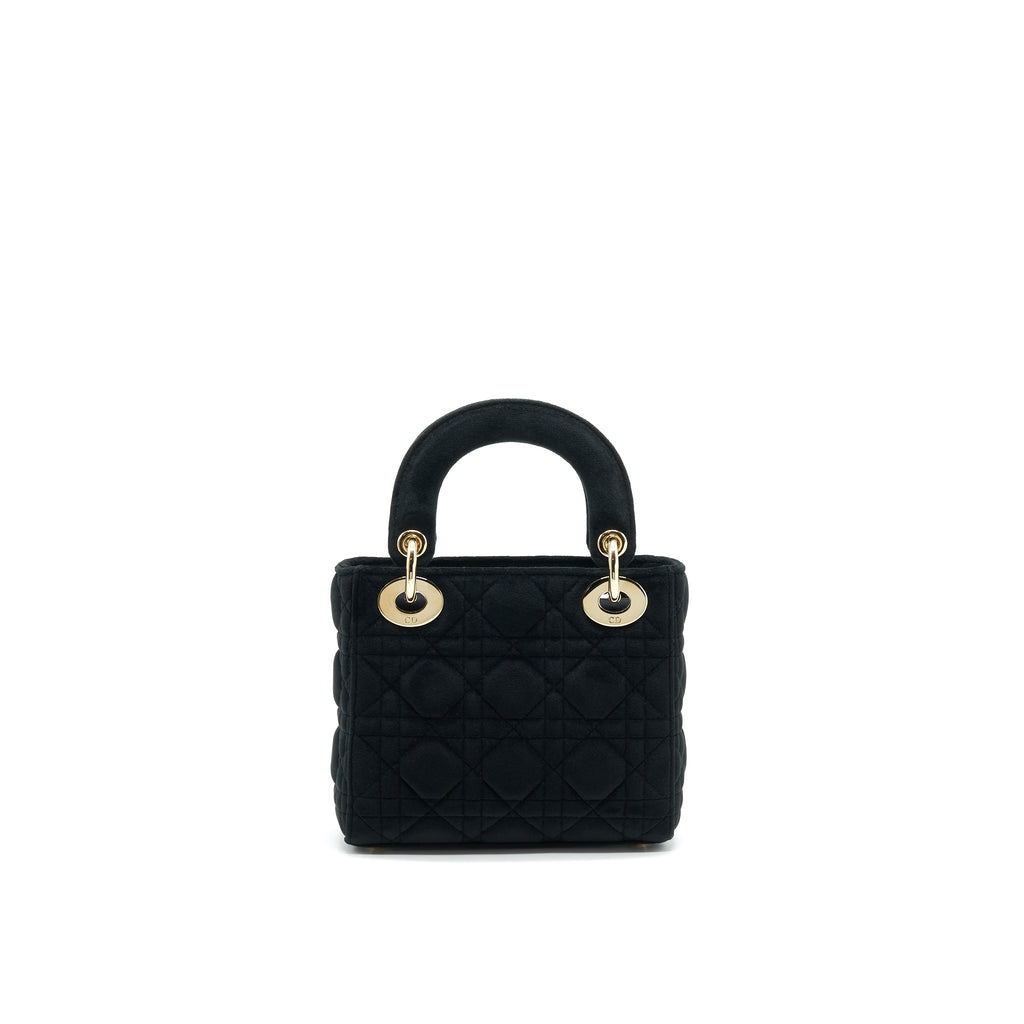 CHRISTIAN DIOR MINI LADY DIOR IN VELVET BLACK WITH LIGHT GOLD HARDWARE AND WHITE CRYSTAL