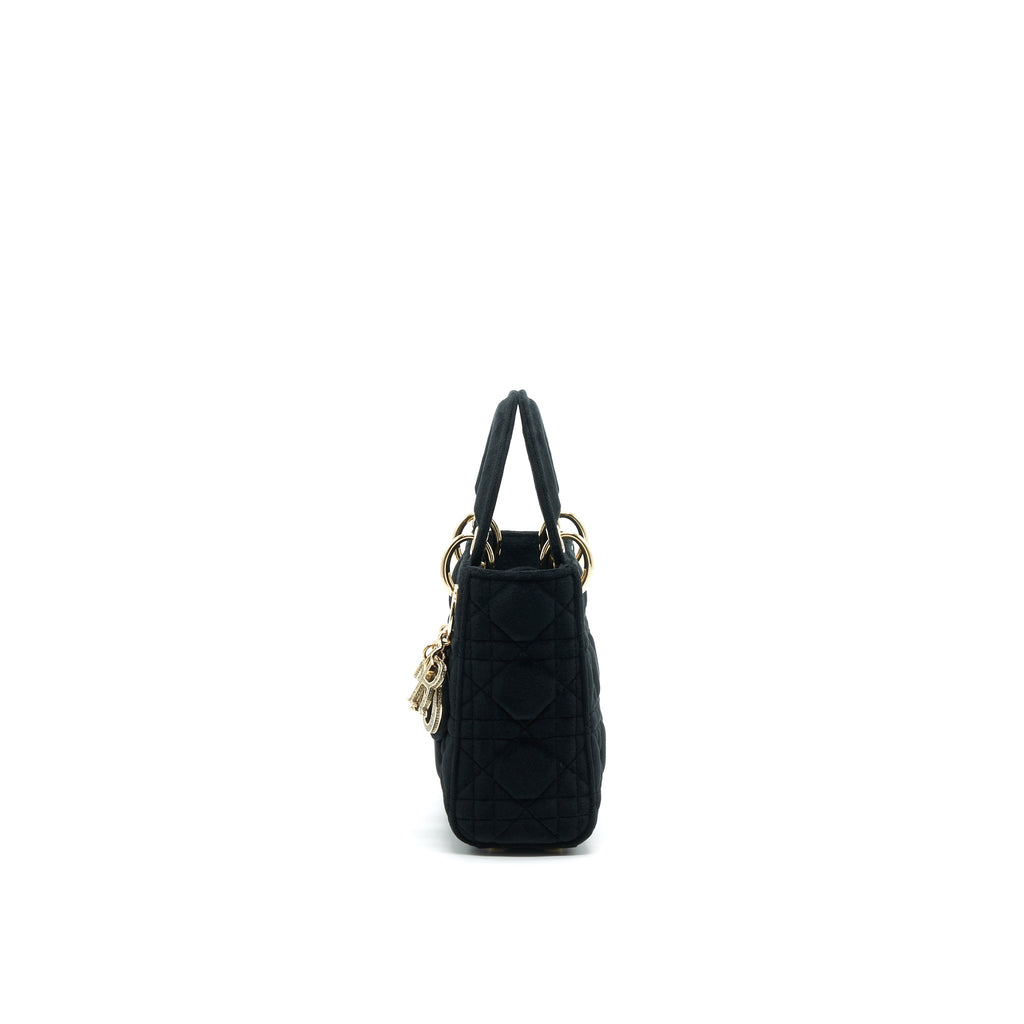 CHRISTIAN DIOR MINI LADY DIOR IN VELVET BLACK WITH LIGHT GOLD HARDWARE AND WHITE CRYSTAL