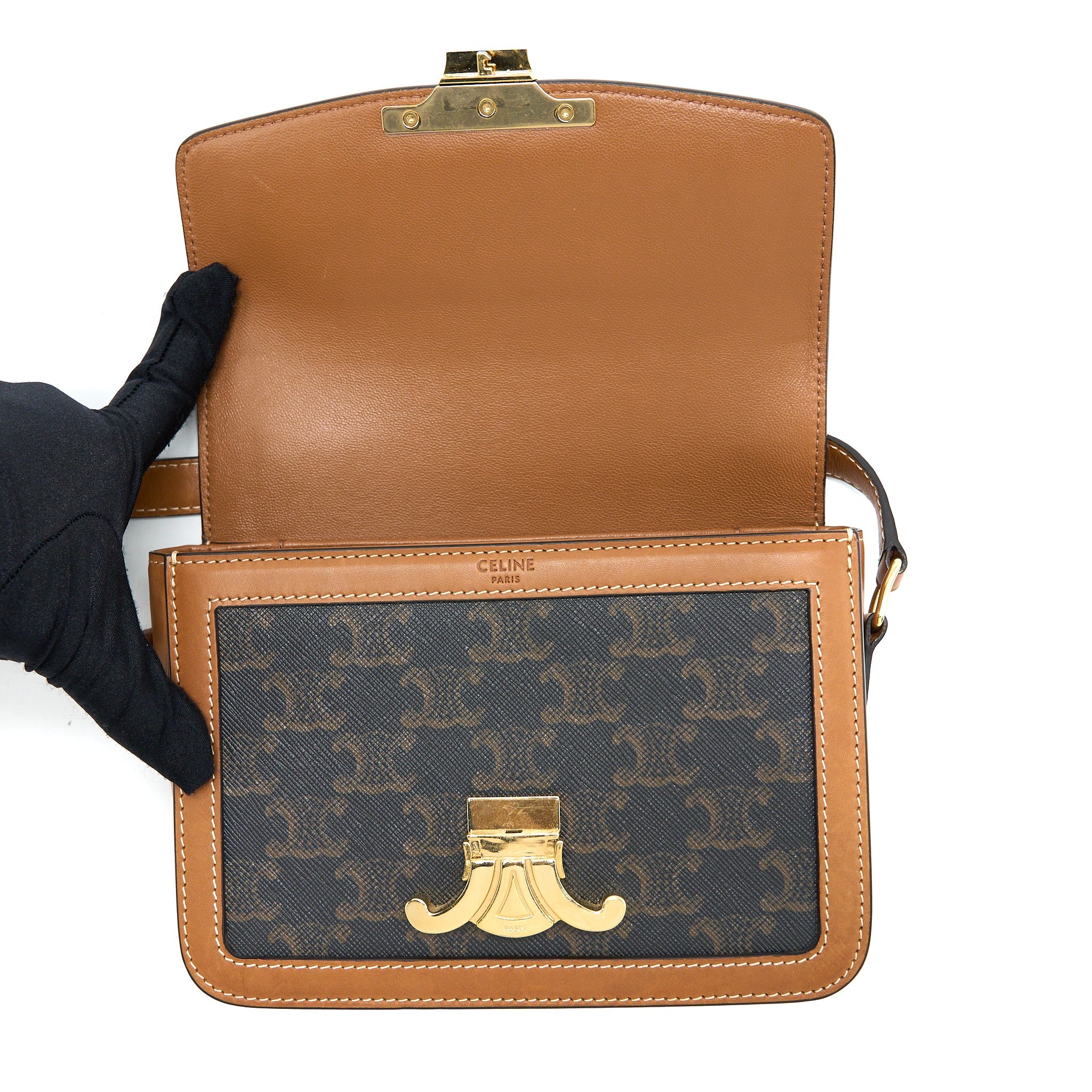 CELINE TEEN TRIOMPHE BAG IN TRIOMPHE CANVAS / NATURE CALFSKIN GHW