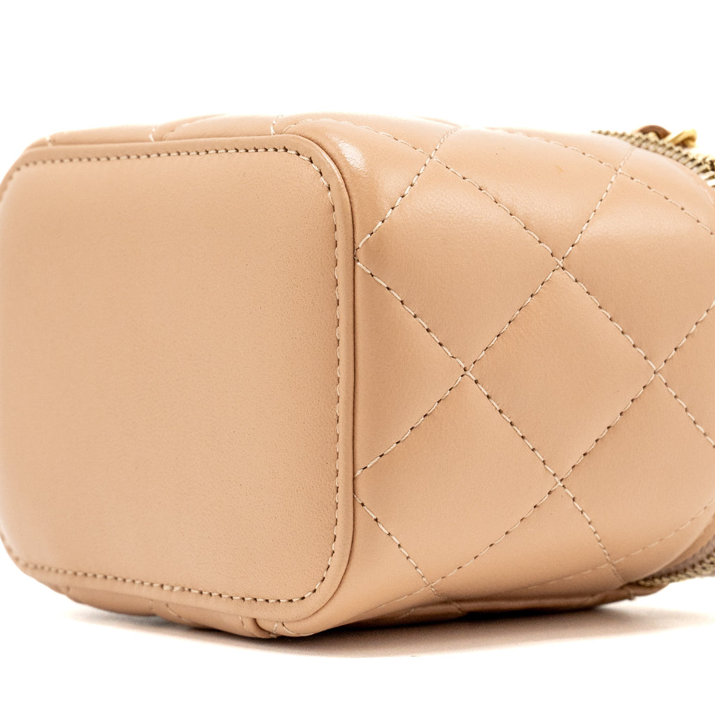 CHANEL TOP HANDLE MINI VANITY CASE WITH CHAIN LAMBSKIN BEIGE BRUSHED GHW