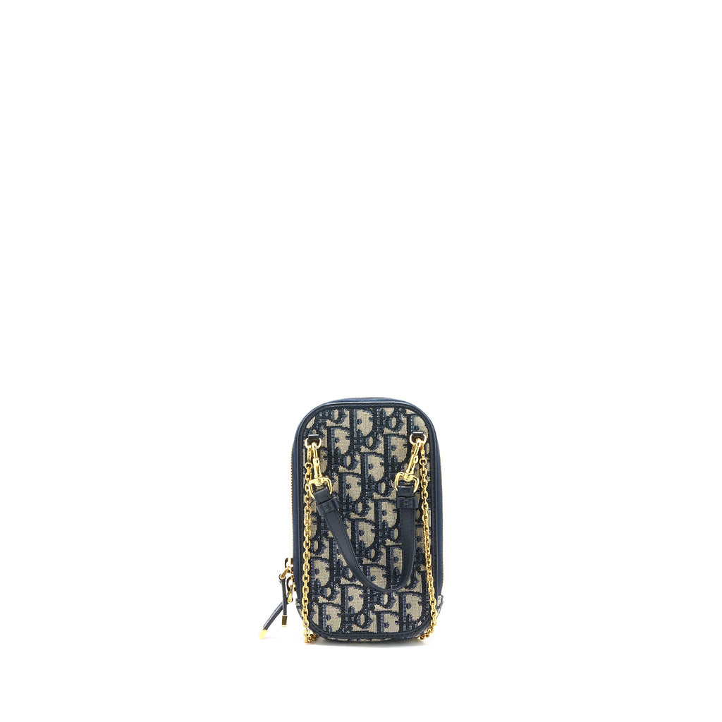 DIOR MONTAIGNE PHONE HOLDER OBLIQUE JACQUARD CANVAS BLUE GHW