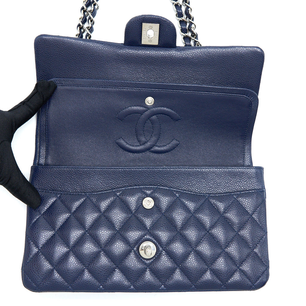 CHANEL MEDIUM CLASSIC DOUBLE FLAP BAG CAVIAR NAVY BLUE SHW
