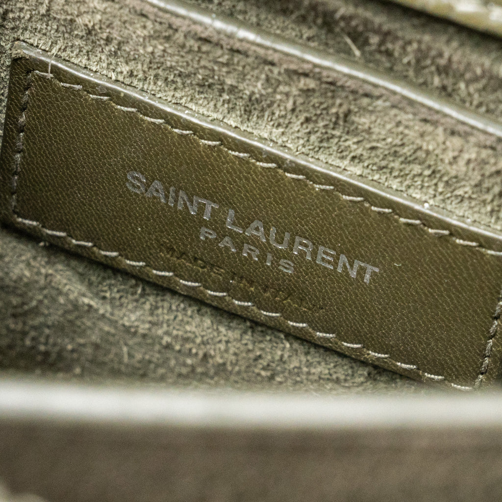 SAINT LAURENT/YSL SUNSET BAG CROC-EMBOSSED CALFSKIN KHAKI SHW