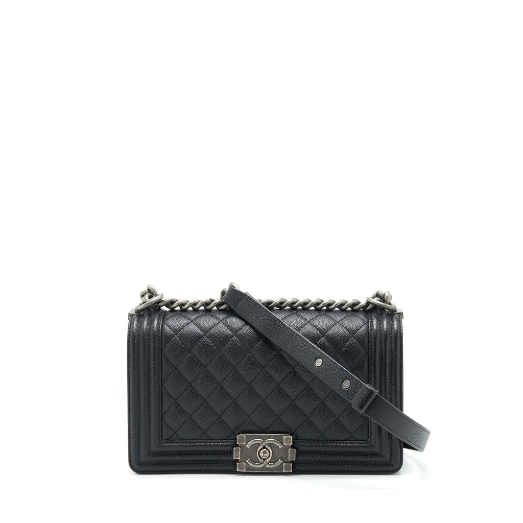CHANEL MEDIUM BOY BAG CAVIAR BLACK WITH RUTHENIUM SLIVER HARDWARE