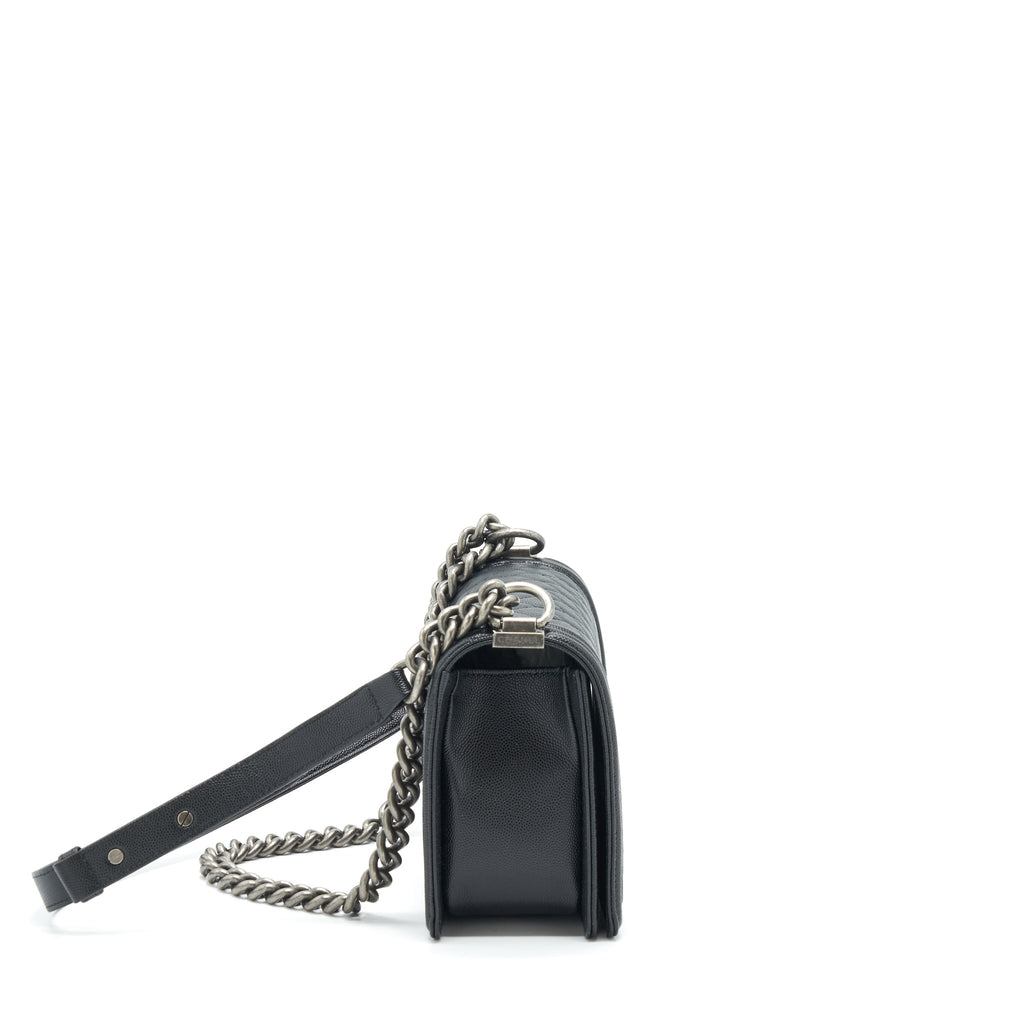 CHANEL MEDIUM BOY BAG CAVIAR BLACK WITH RUTHENIUM SLIVER HARDWARE