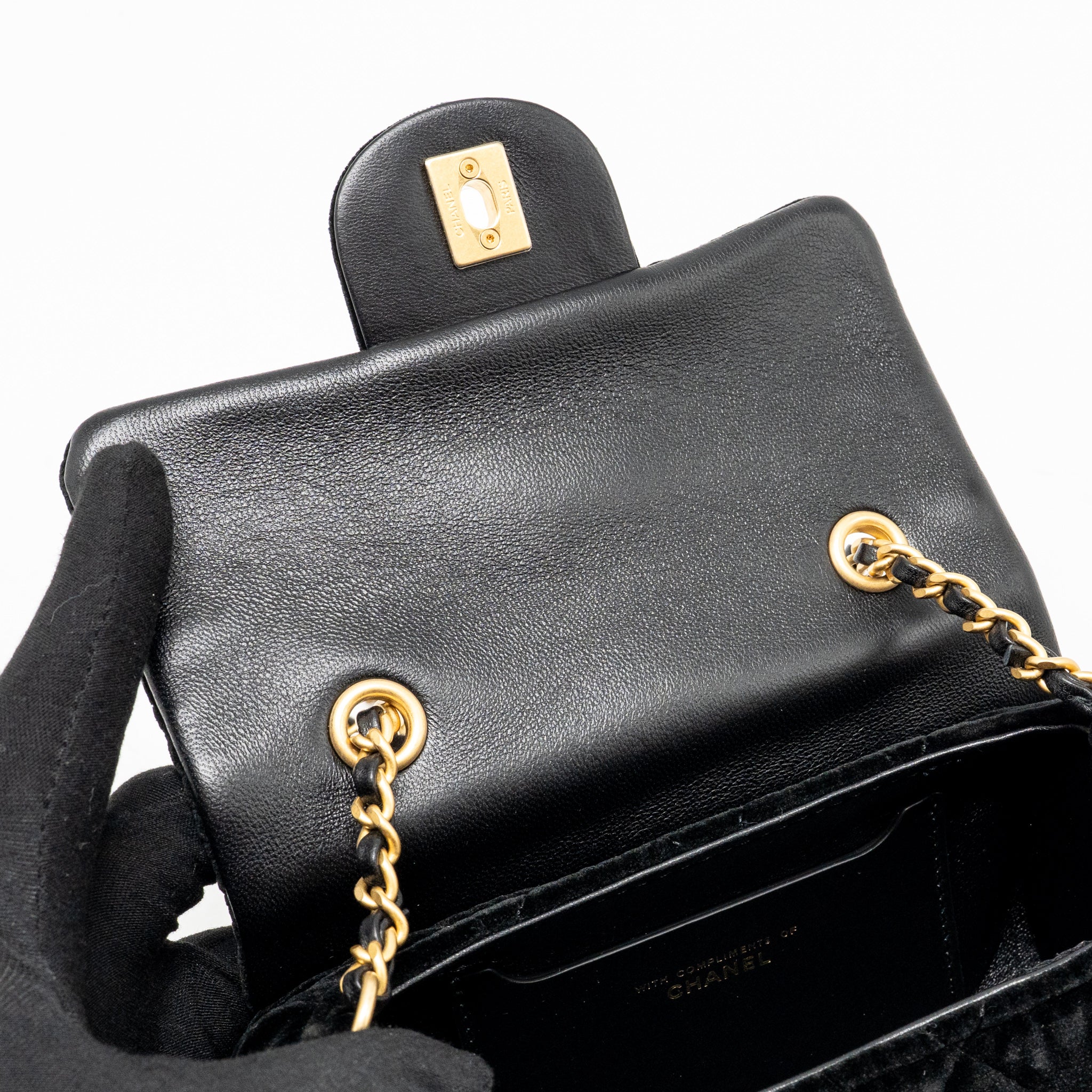 CHANEL MINI BOWLING CLUTCH WITH CHAIN VELVET BLACK GHW (MICROCHIP)