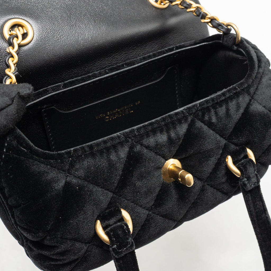 CHANEL MINI BOWLING CLUTCH WITH CHAIN VELVET BLACK GHW (MICROCHIP)