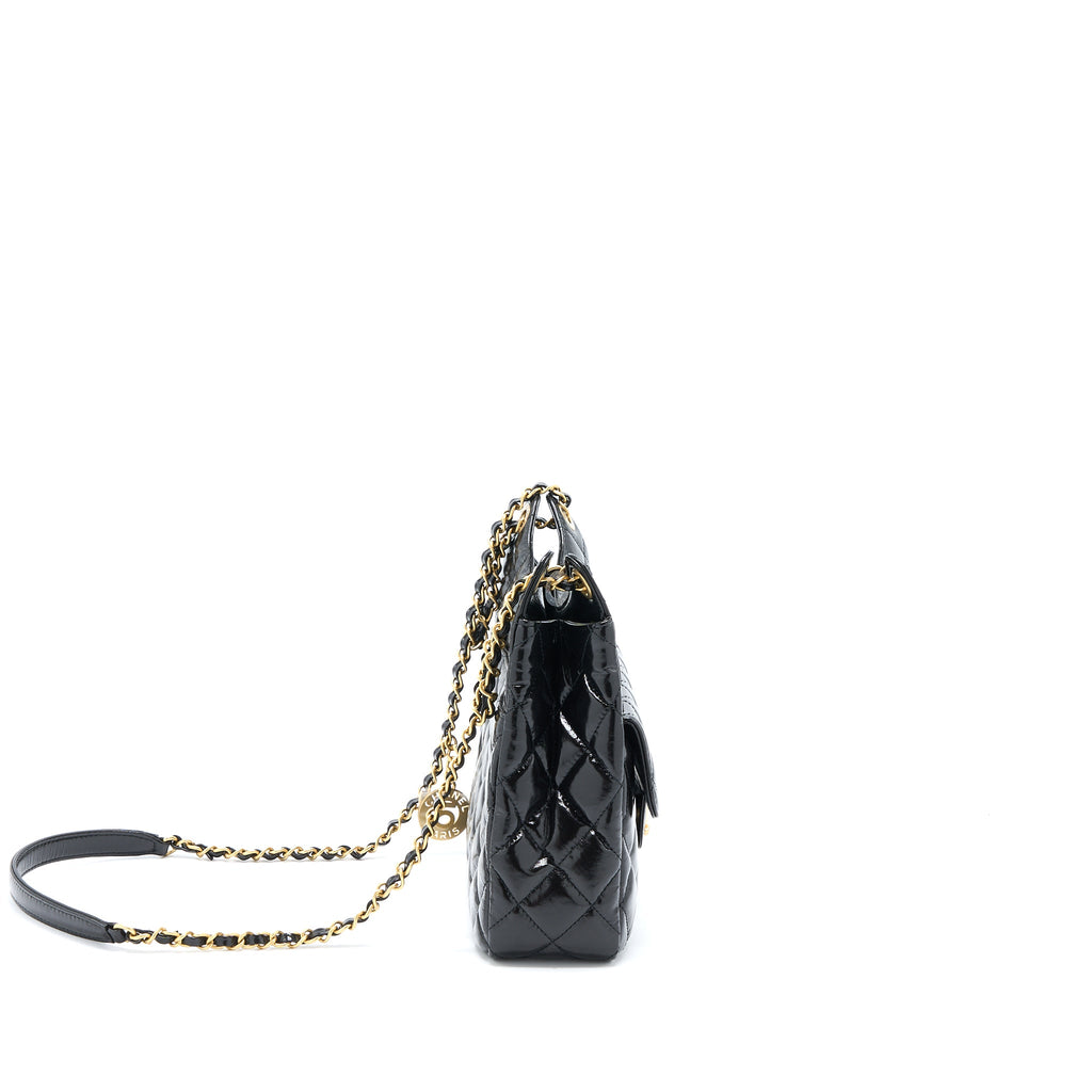 CHANEL 23C HOBO BAG SHINY CALFSKIN BLACK BRUSHED GHW (MICROCHIP)