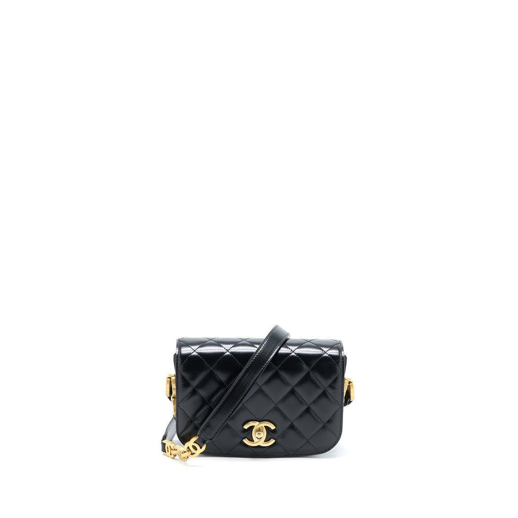 CHANEL CROSSBODY MINI FLAP BAG CC LOGO STRAP CALFSKIN BLACK BRUSHED GHW (MICROCHIP)