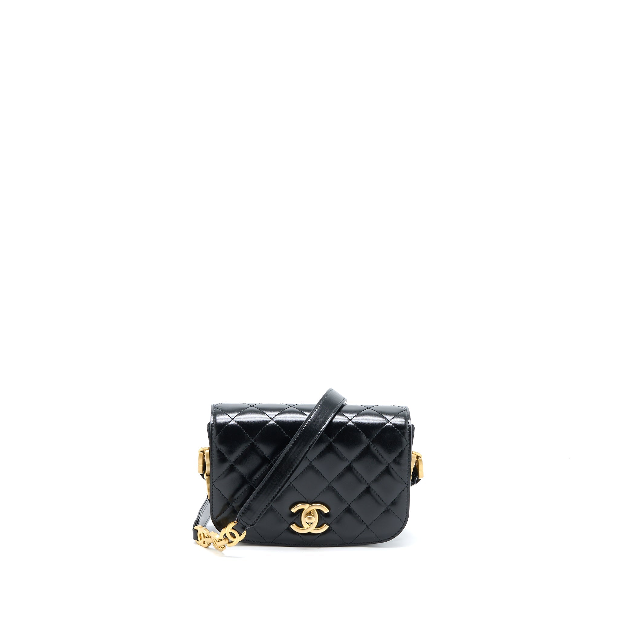 CHANEL CROSSBODY MINI FLAP BAG CC LOGO STRAP CALFSKIN BLACK BRUSHED GHW (MICROCHIP)