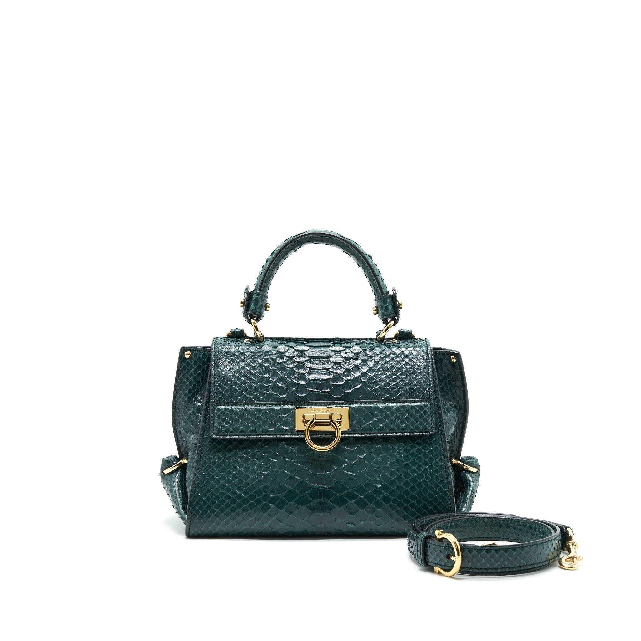 FERRAGAMO PYTHON LEATHER TOPHANDLE TOTE BAG DARK GREEN GHW