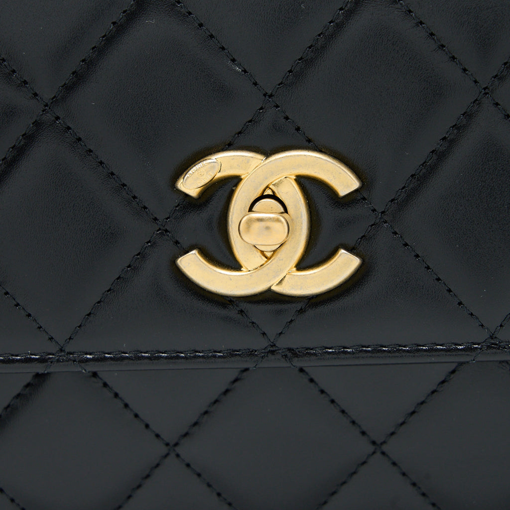 CHANEL 23P FLAP BAG WITH TOP HANDLE SHINY CALFSKIN BLACK GHW (MICROCHIP)