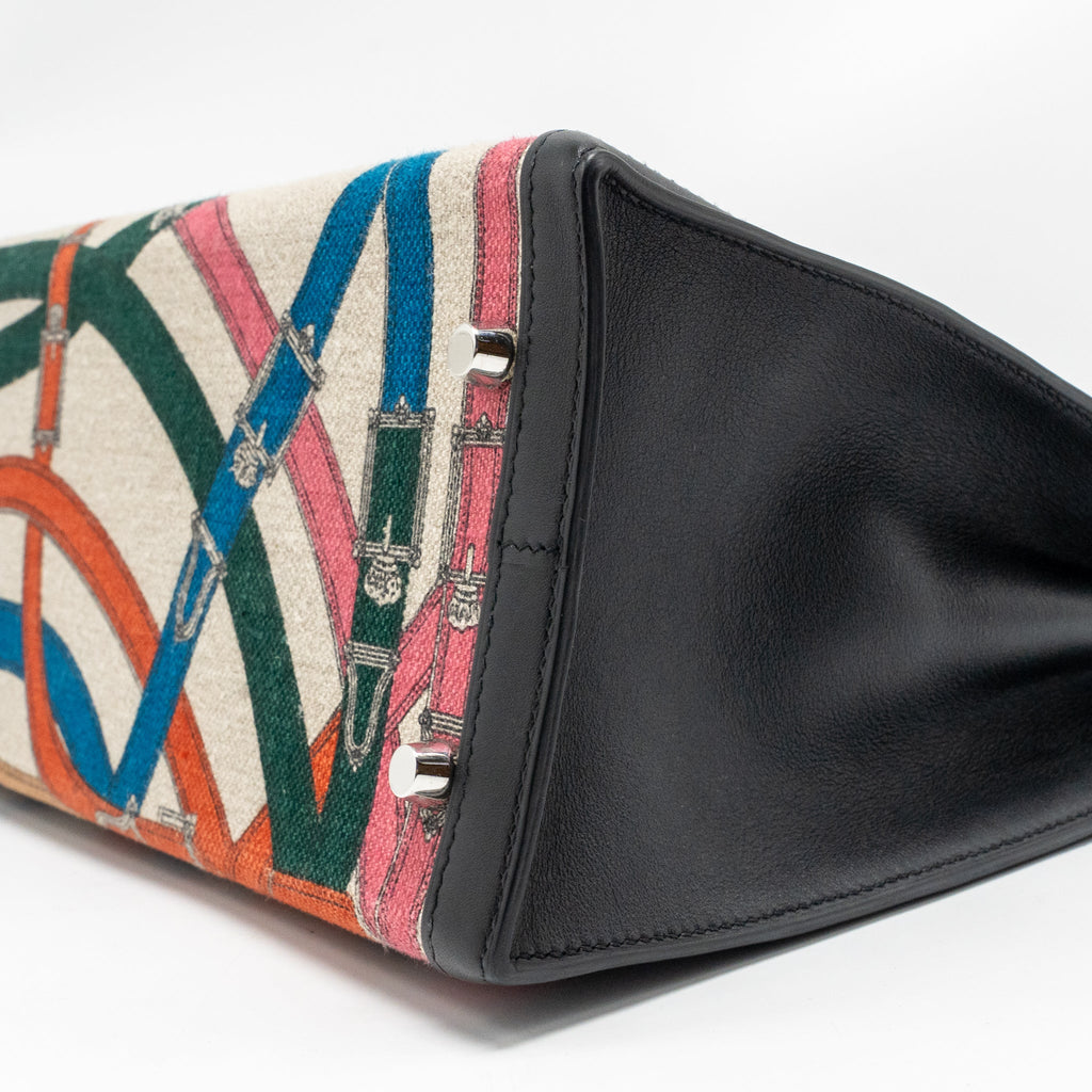 HERMES KELLY 32 LIMITED EDITION TOILE DE WASHED CANVAS / SWIFT LEATHER BLACK / CAVALCADOUR PRINT SHW