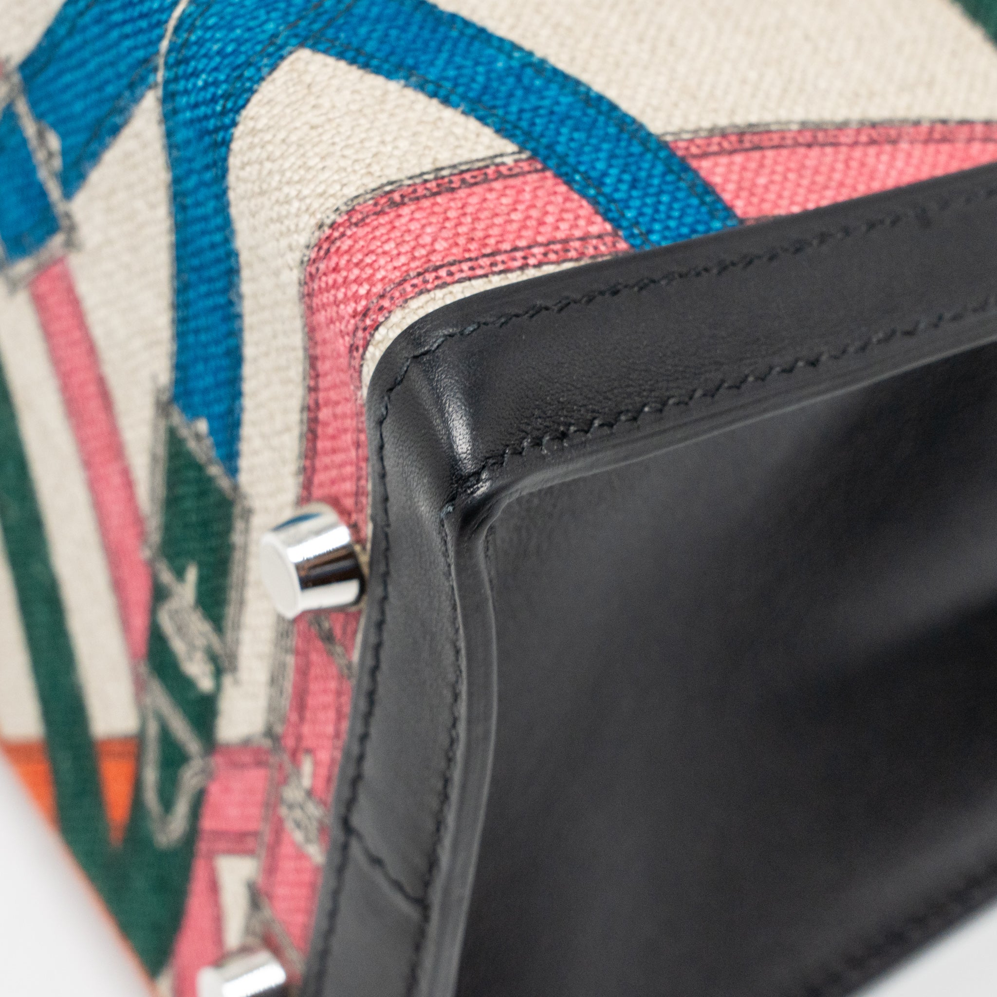 HERMES KELLY 32 LIMITED EDITION TOILE DE WASHED CANVAS / SWIFT LEATHER BLACK / CAVALCADOUR PRINT SHW