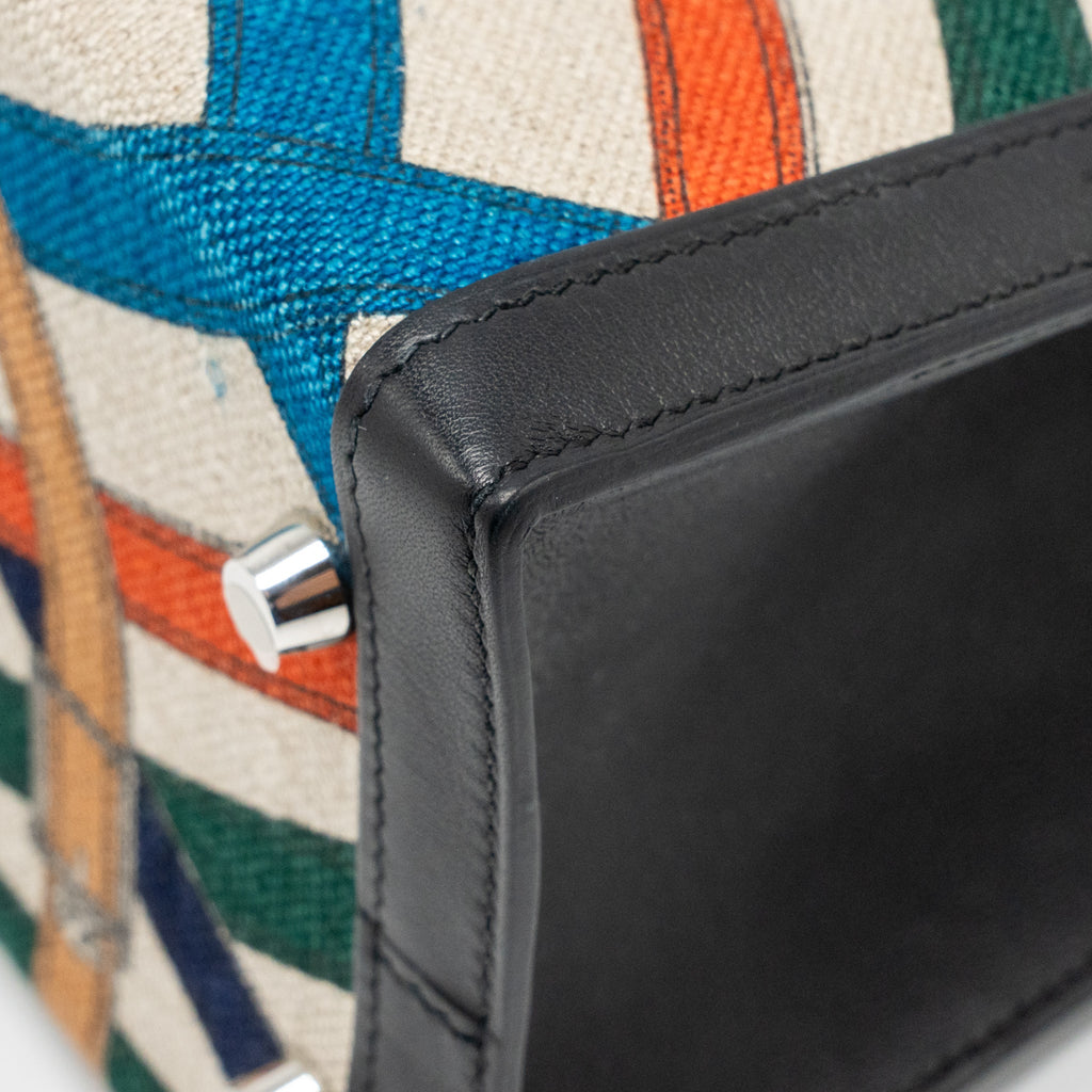 HERMES KELLY 32 LIMITED EDITION TOILE DE WASHED CANVAS / SWIFT LEATHER BLACK / CAVALCADOUR PRINT SHW