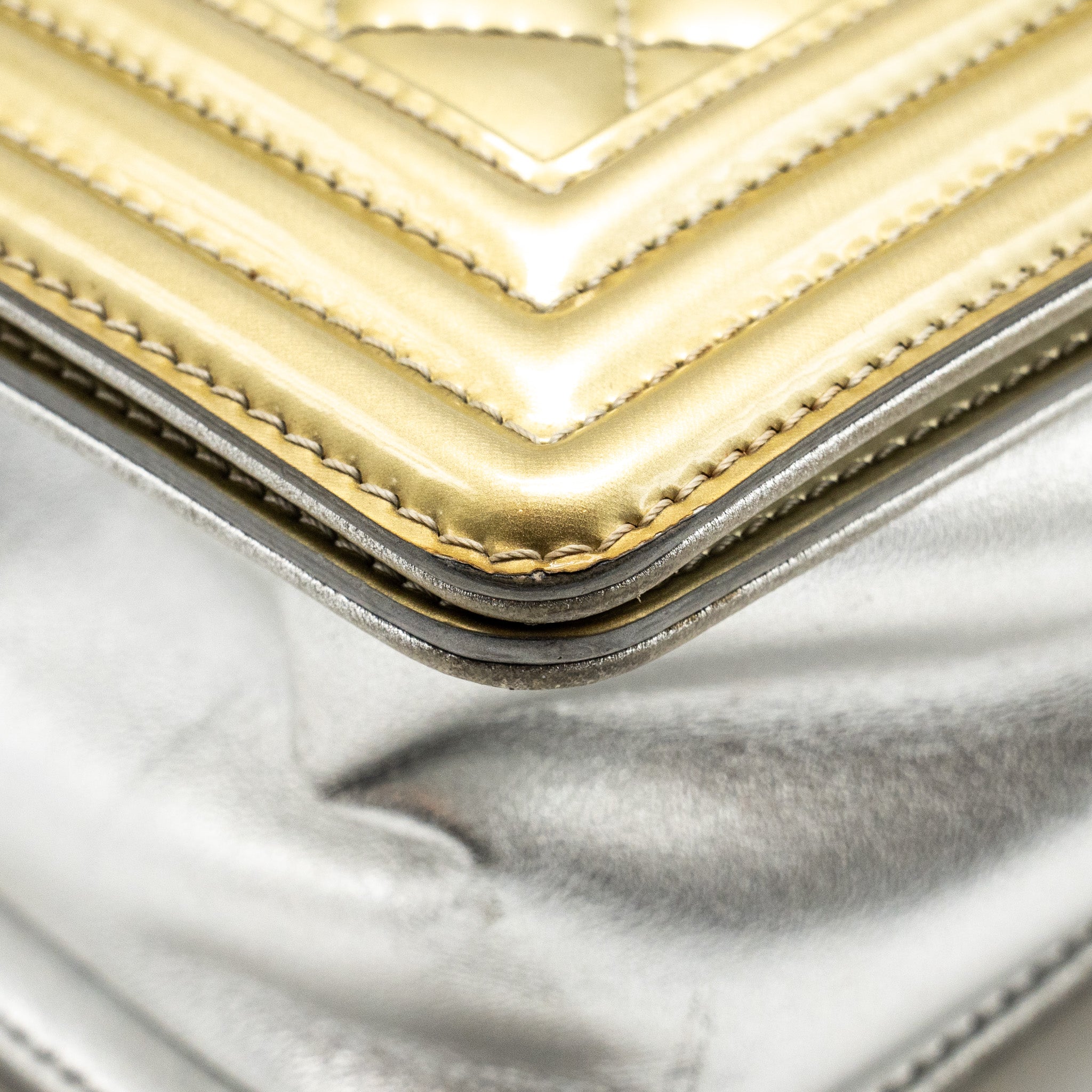 CHANEL MEDIUM BOY BAG PATENT LIGHT GOLD / SILVER SHW