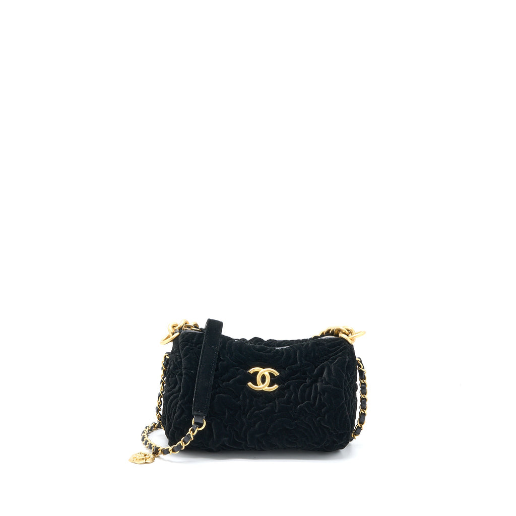 CHANEL MINI BOSTON BAG WITH CHAIN CAMELLIA VELVET BLACK GHW (MICROCHIP)