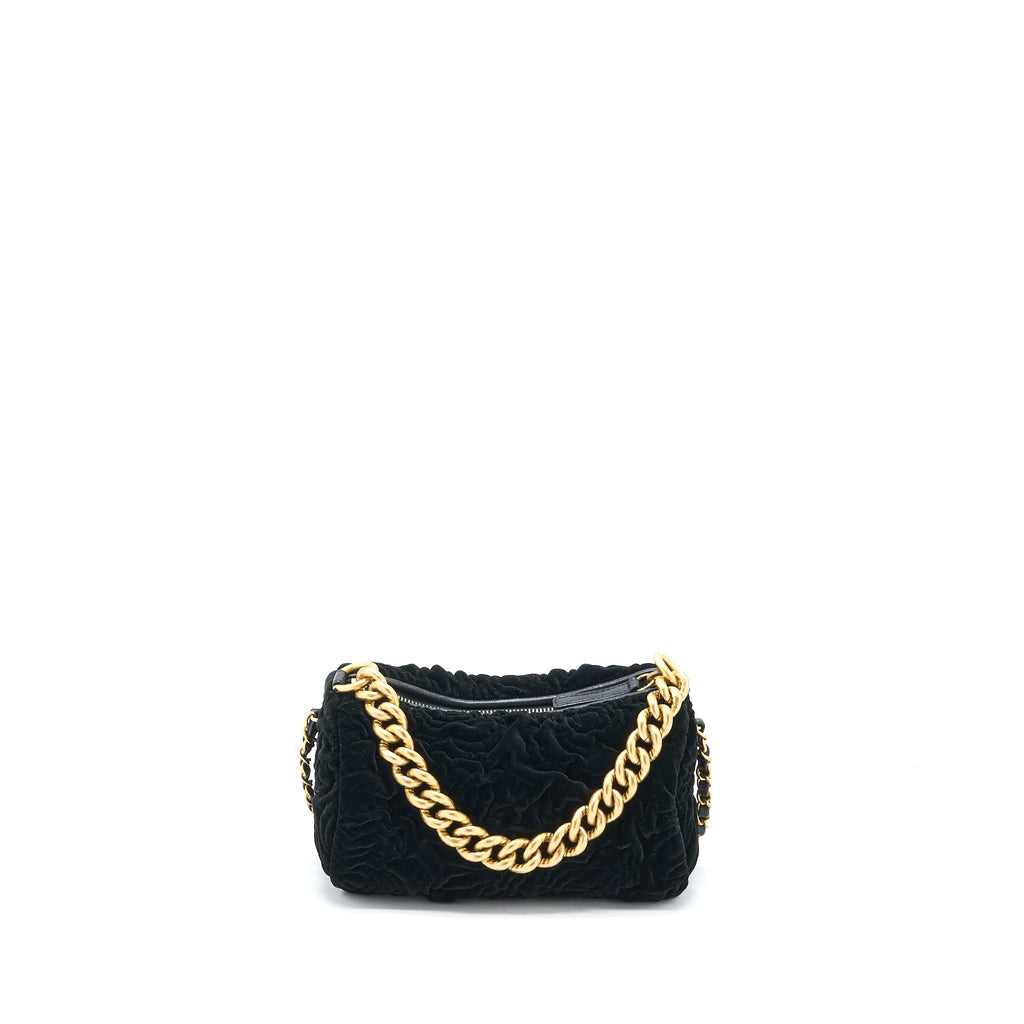 CHANEL MINI BOSTON BAG WITH CHAIN CAMELLIA VELVET BLACK GHW (MICROCHIP)