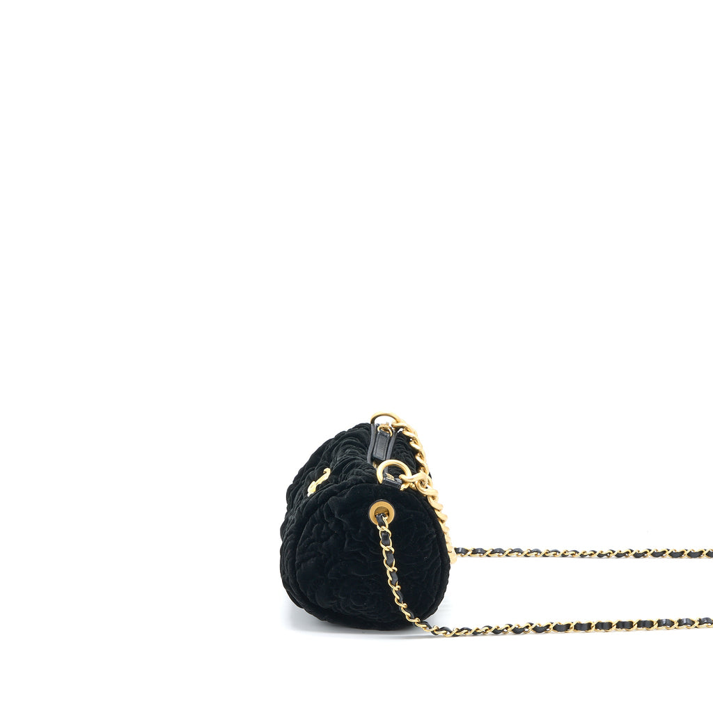 CHANEL MINI BOSTON BAG WITH CHAIN CAMELLIA VELVET BLACK GHW (MICROCHIP)