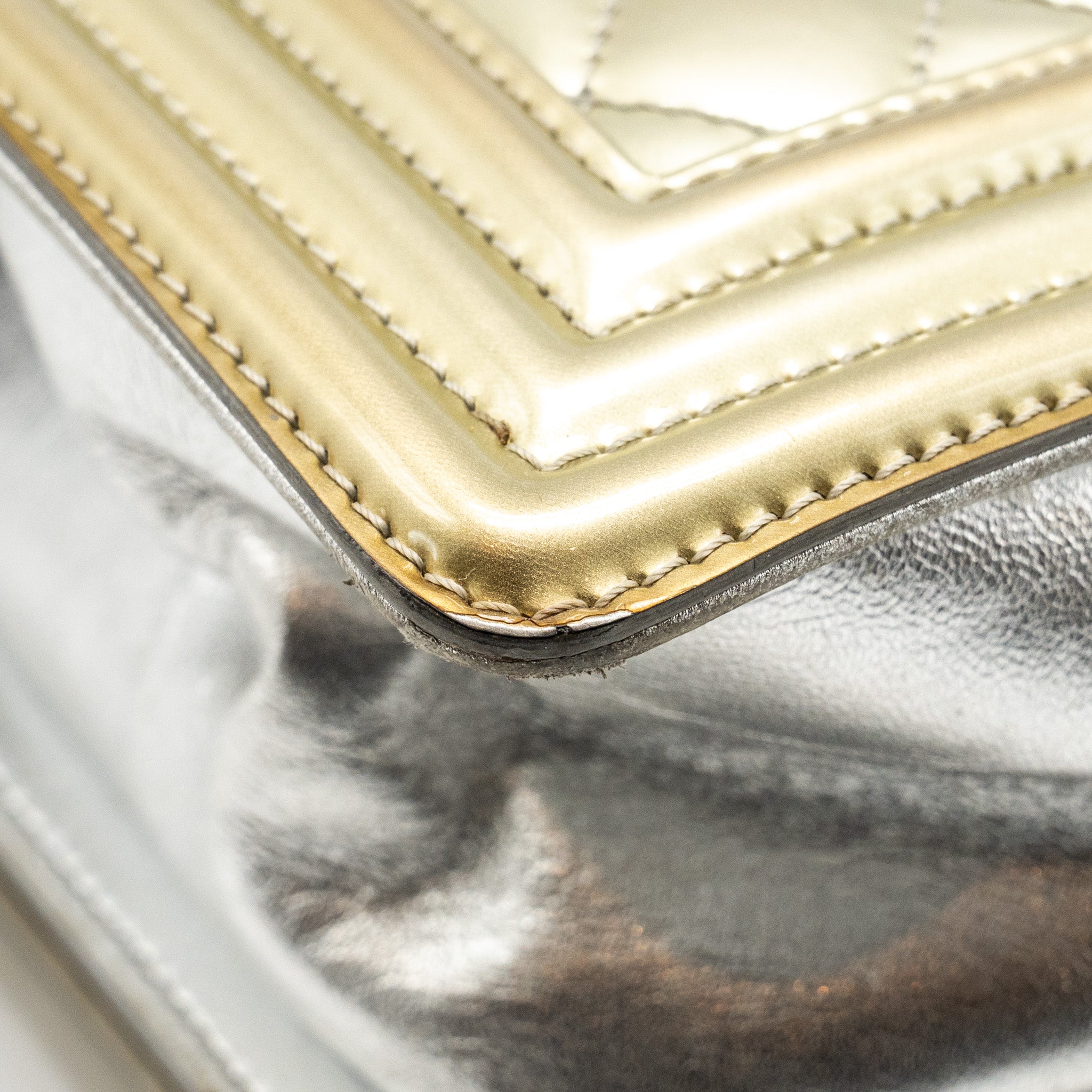 CHANEL MEDIUM BOY BAG PATENT LIGHT GOLD / SILVER SHW