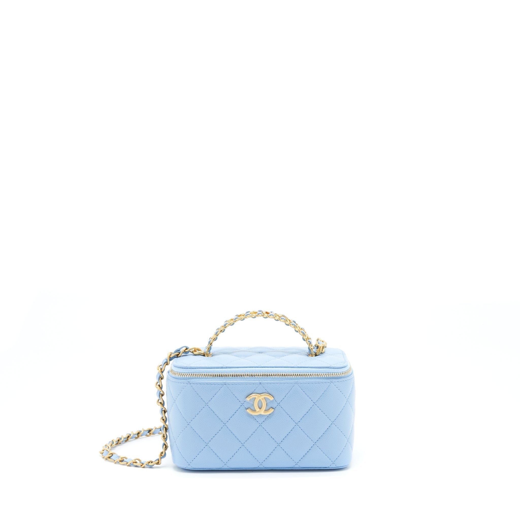 CHANEL 22S LETTER HANDLE LONG VANITY WITH CHAIN CAVIAR BLUE GHW