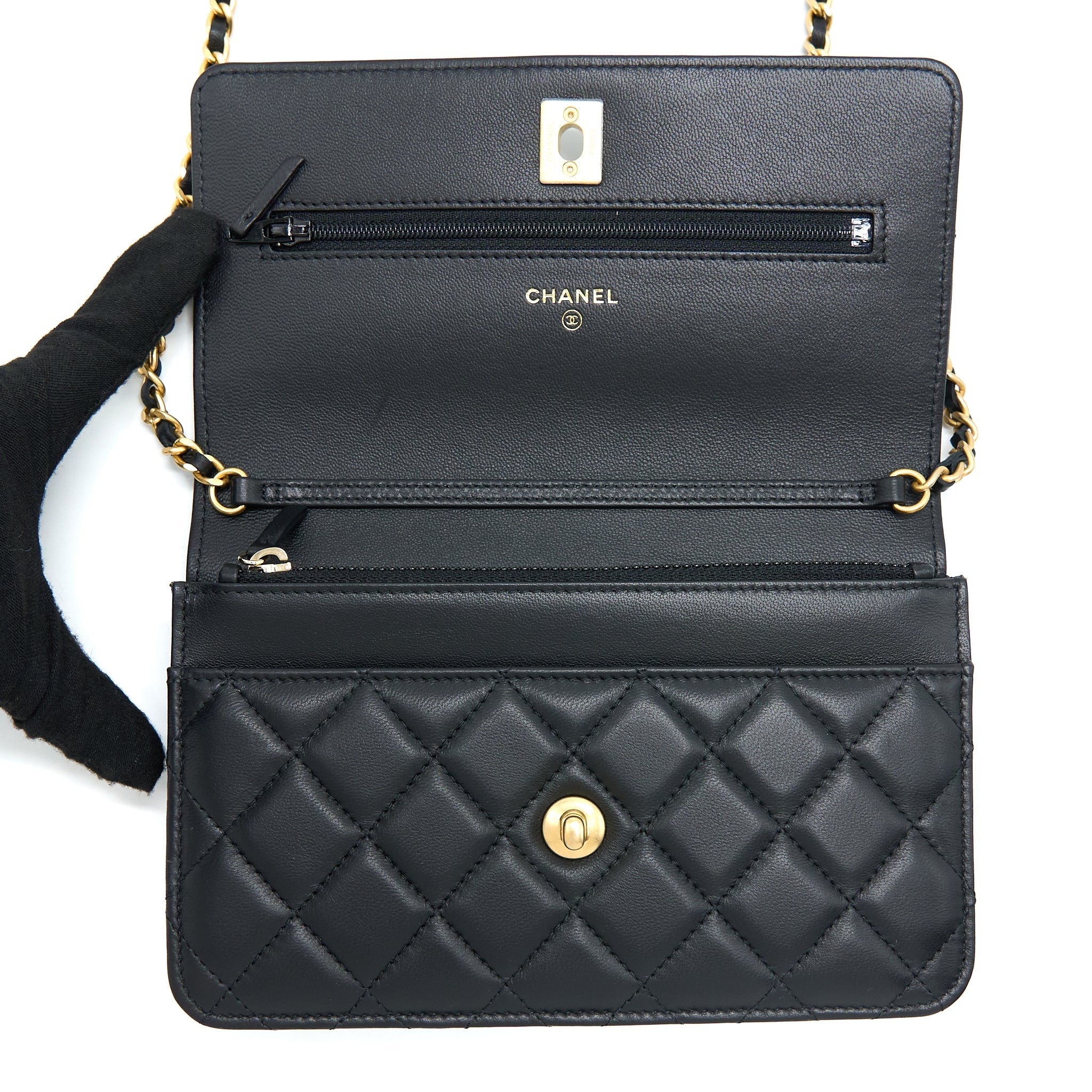 CHANEL PEARL CRUSH WALLET ON CHAIN LAMBSKIN BLACK GHW (MICROCHIP)
