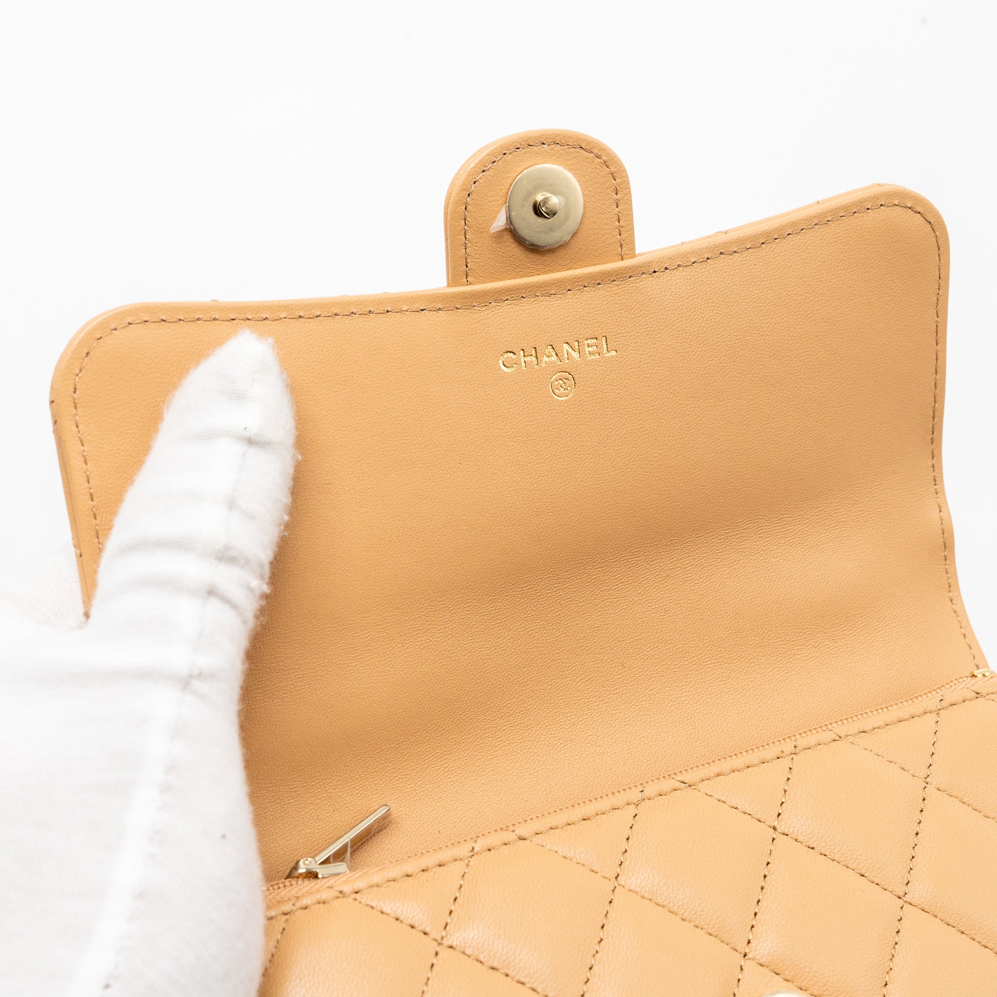CHANEL TOP HANDLE MINI FLAP CLUTCH LAMBSKIN BEIGE LGHW (MICROCHIP)