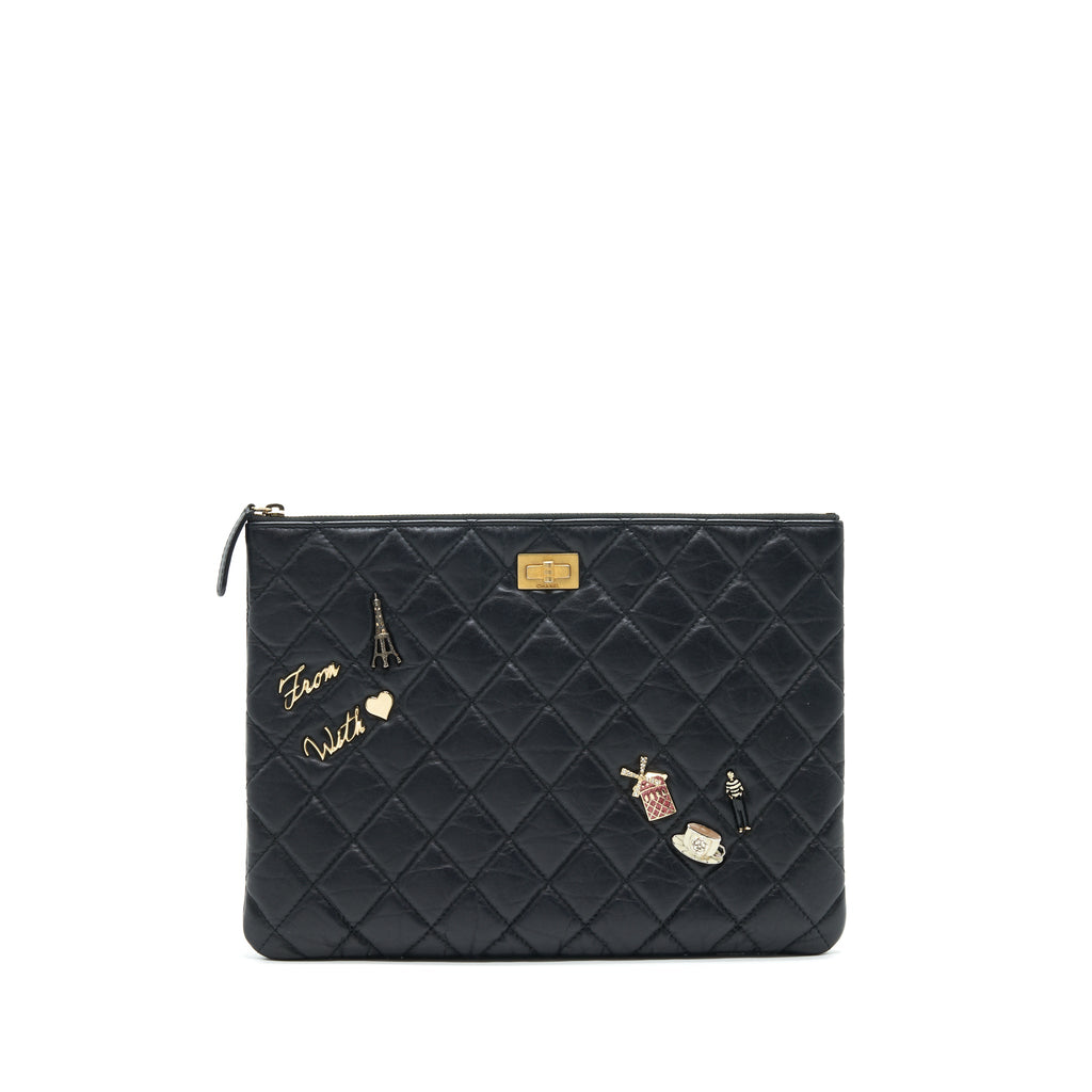 CHANEL 2.55 LEATHER CLUTCH WITH CHARM BLACK GHW